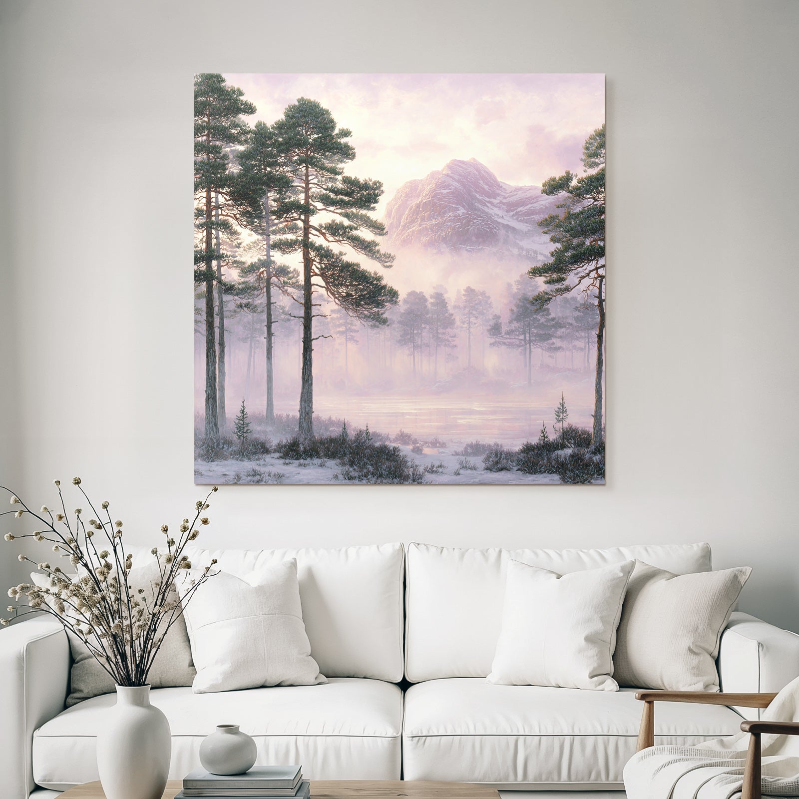 Winter tranquil country landscape with fir trees and mountain in the background