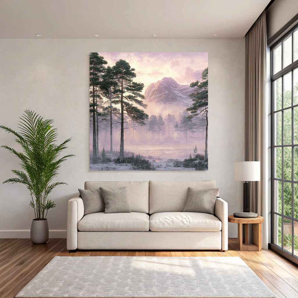 Winter tranquil country landscape with fir trees and mountain in the background