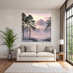 Winter tranquil country landscape with fir trees and mountain in the background