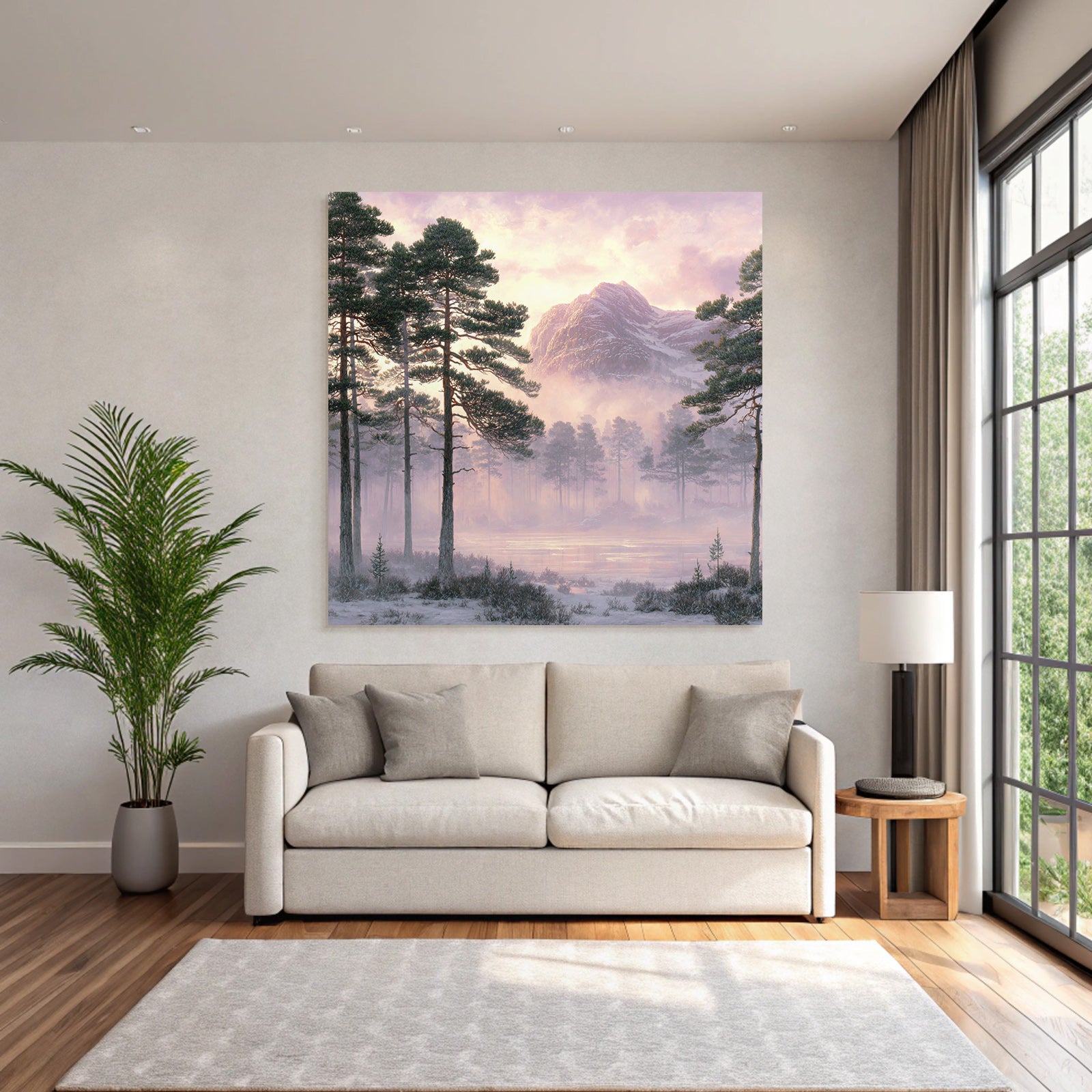 Winter tranquil country landscape with fir trees and mountain in the background