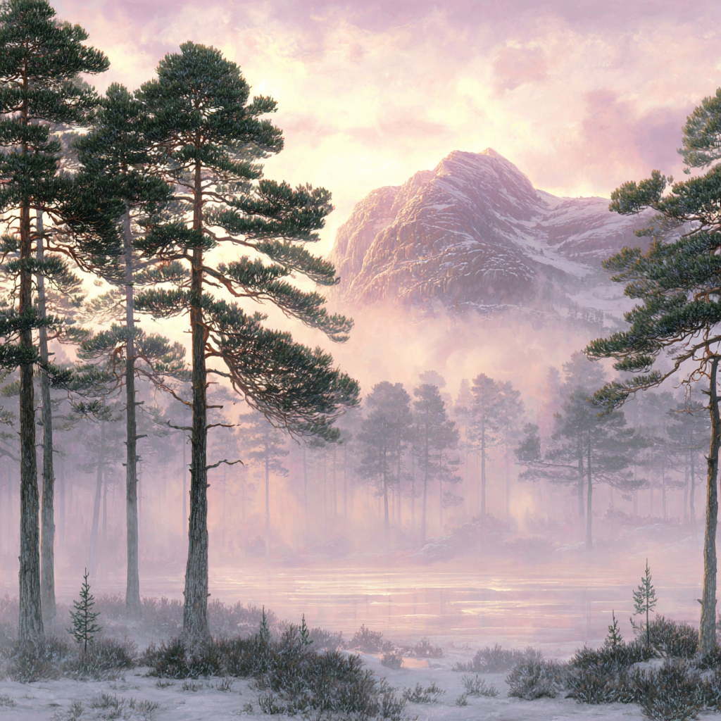 Winter Ruhige Landlandschaft Mit Tannen Und Berg Im Hintergrund | Winterlandschaften | Landschaften