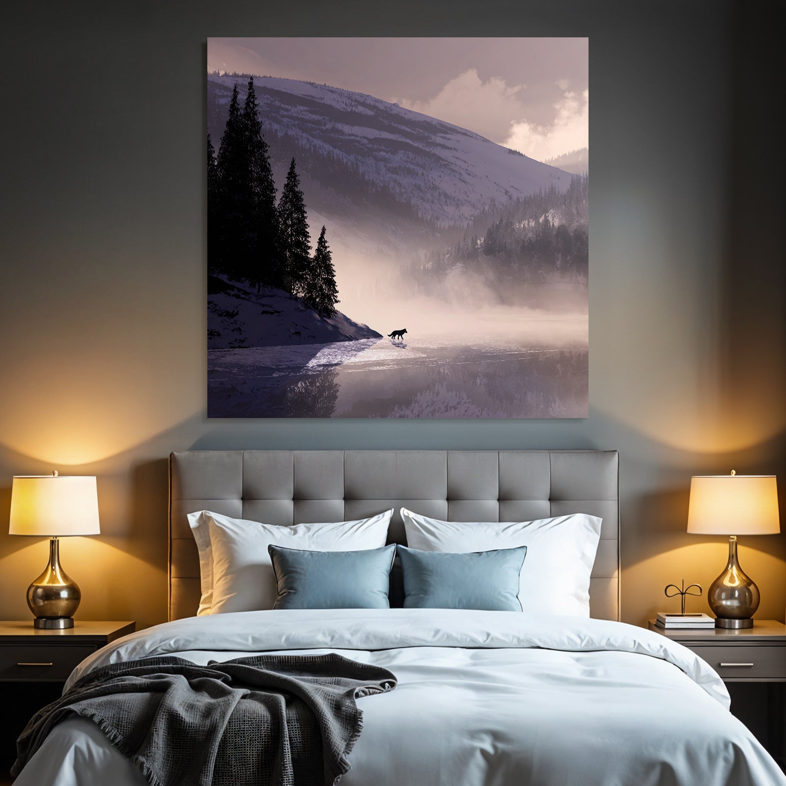 Winter tranquil snowy landscape with wolf at water's edge