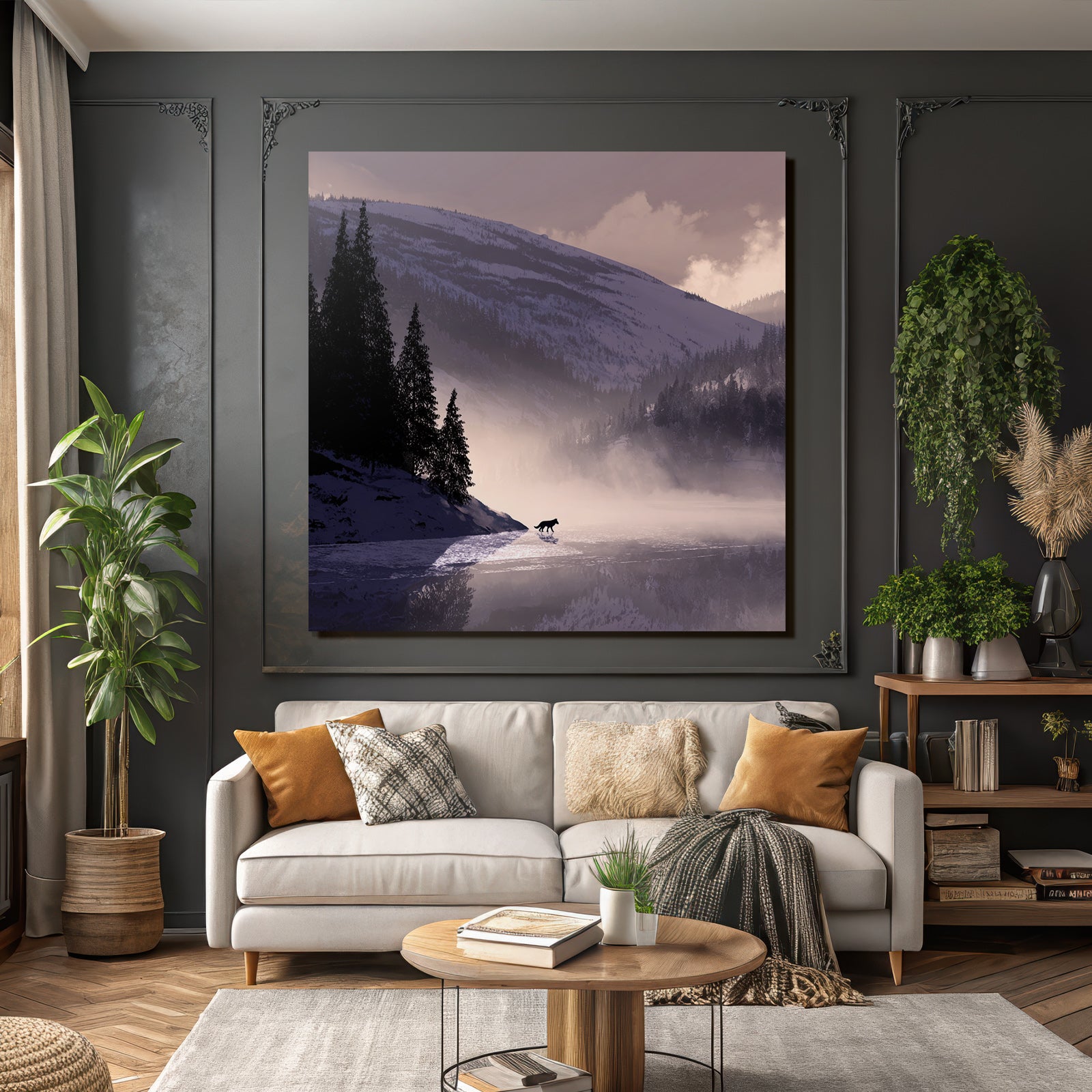 Winter tranquil snowy landscape with wolf at water's edge