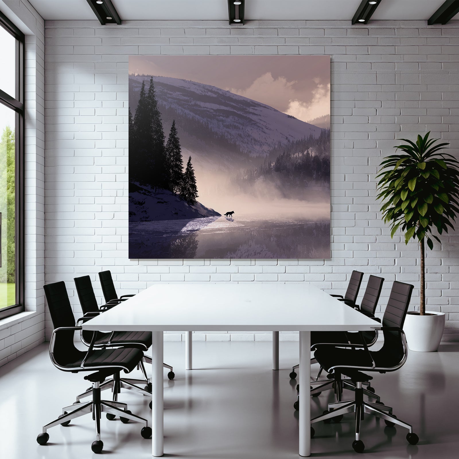 Winter tranquil snowy landscape with wolf at water's edge