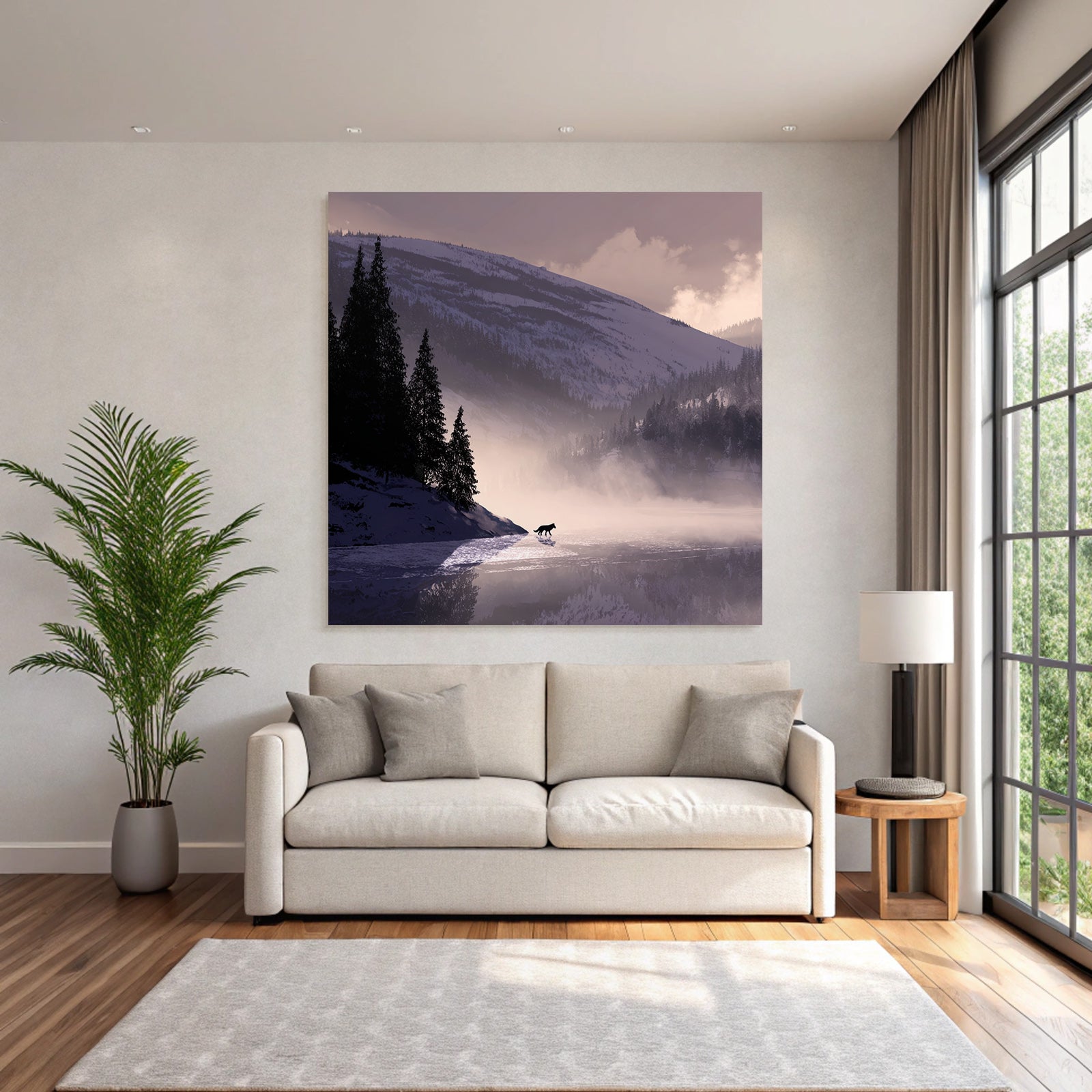 Winter tranquil snowy landscape with wolf at water's edge
