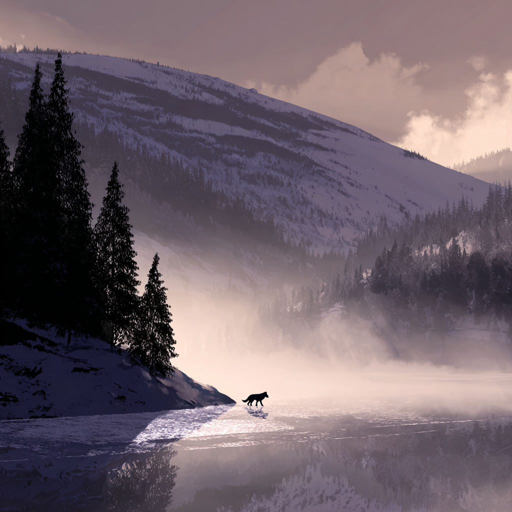 Winter Ruhige Schneelandschaft Mit Wolf Am Wasserrand | Winterlandschaften | Landschaften