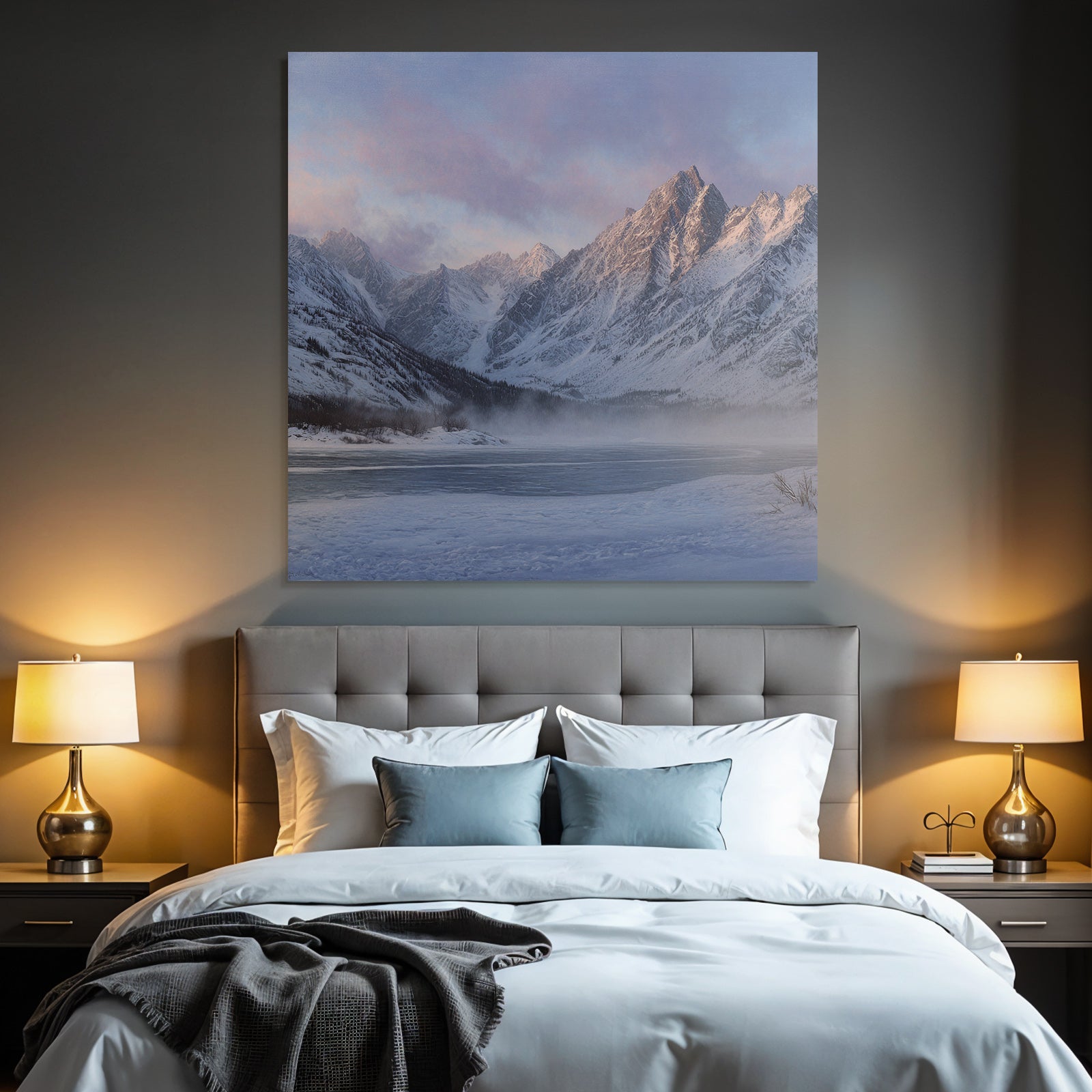 Winter tranquil winter landscape with snow-capped mountains and frozen lake