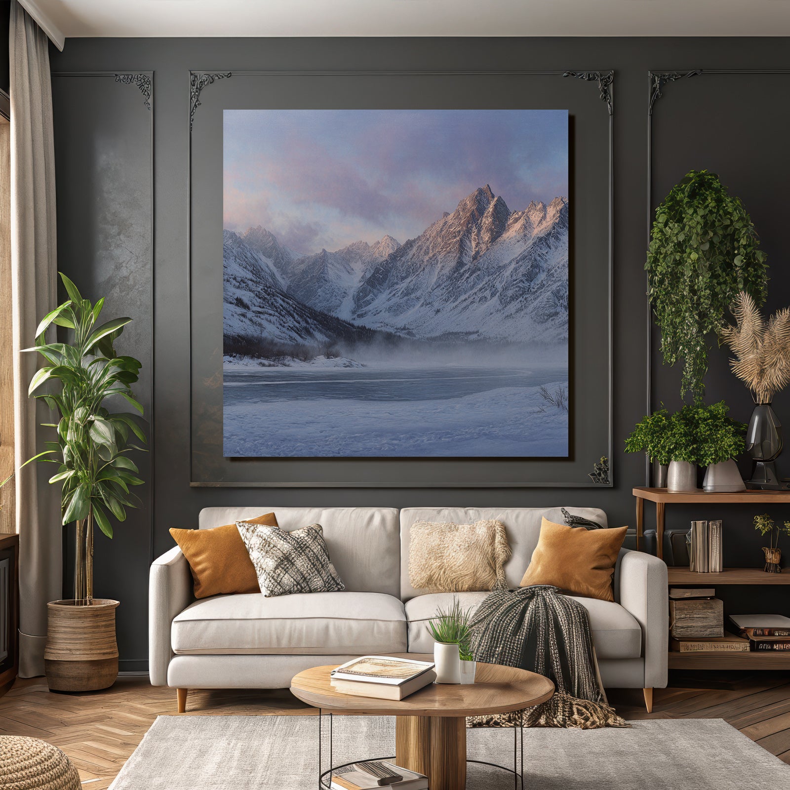 Winter tranquil winter landscape with snow-capped mountains and frozen lake