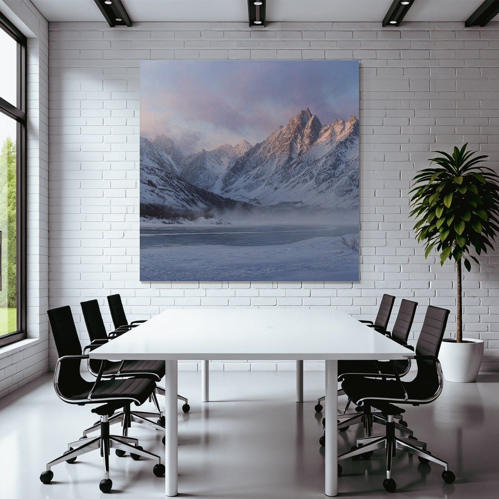 Winter tranquil winter landscape with snow-capped mountains and frozen lake