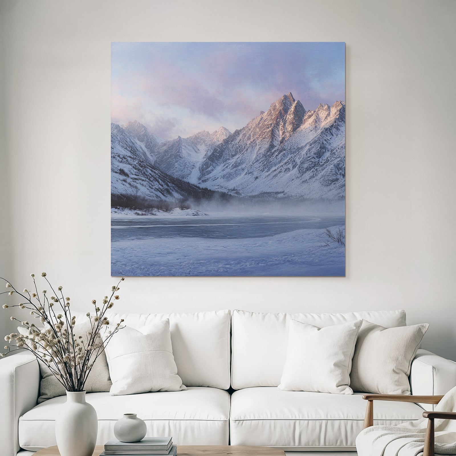 Winter tranquil winter landscape with snow-capped mountains and frozen lake