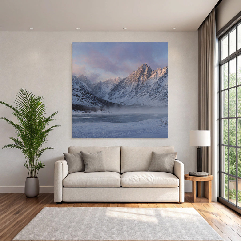 Winter tranquil winter landscape with snow-capped mountains and frozen lake