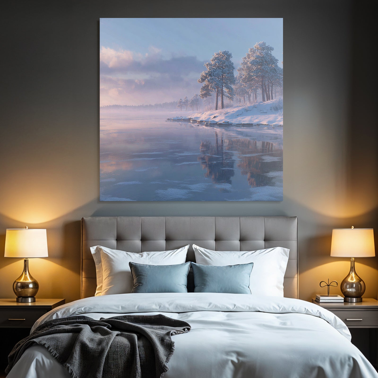 Winter tranquil winter landscape lake with reflections in the fog