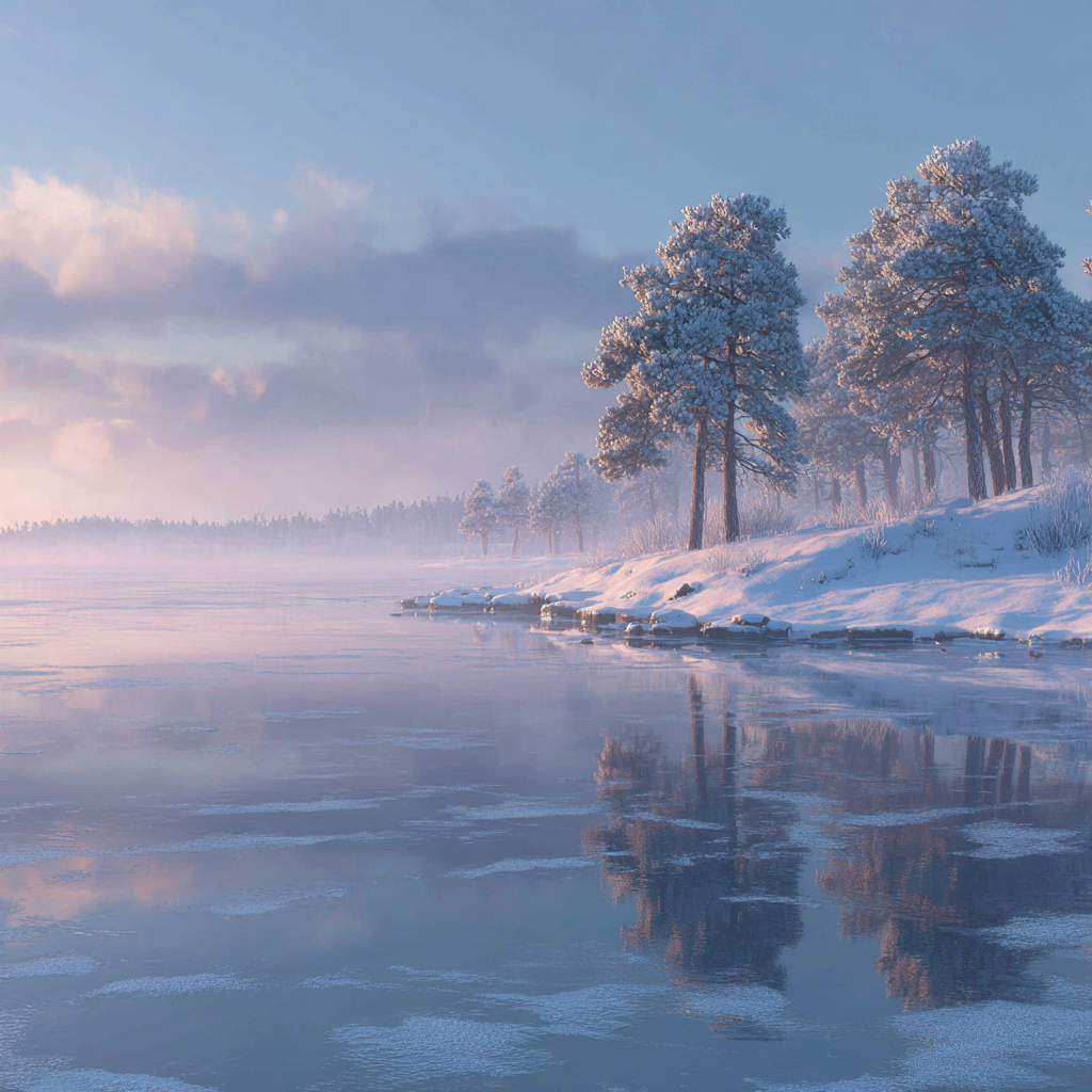 Winter Ruhige Winterlandschaft See Mit Reflexionen Im Nebel | Winterlandschaften | Landschaften