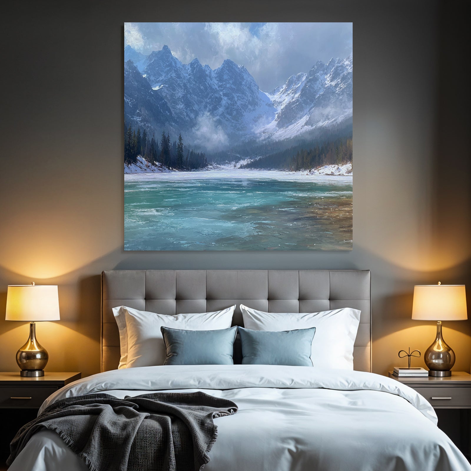 Winter Calm Lake Surrounded by Snow-Capped Mountains and Evergreen Forests