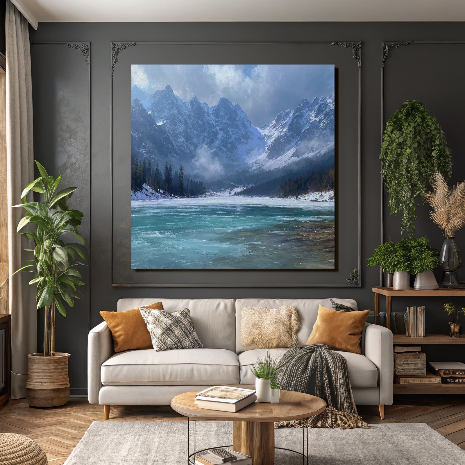 Winter Calm Lake Surrounded by Snow-Capped Mountains and Evergreen Forests