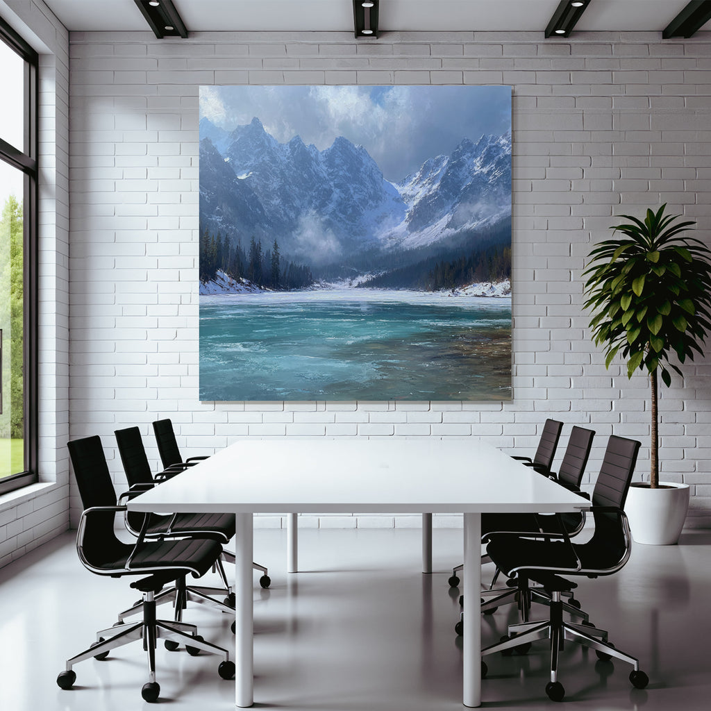 Winter Calm Lake Surrounded by Snow-Capped Mountains and Evergreen Forests