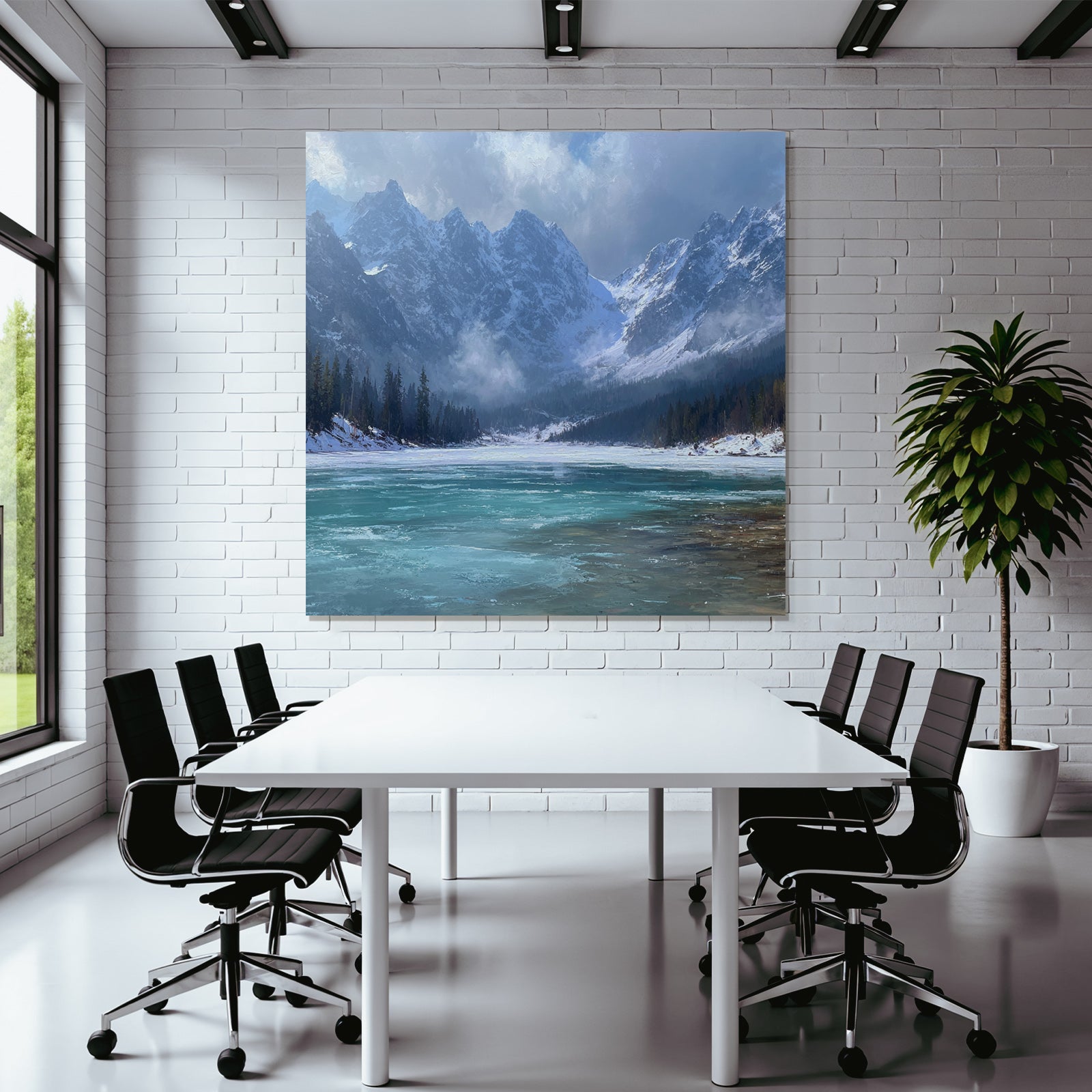 Winter Calm Lake Surrounded by Snow-Capped Mountains and Evergreen Forests