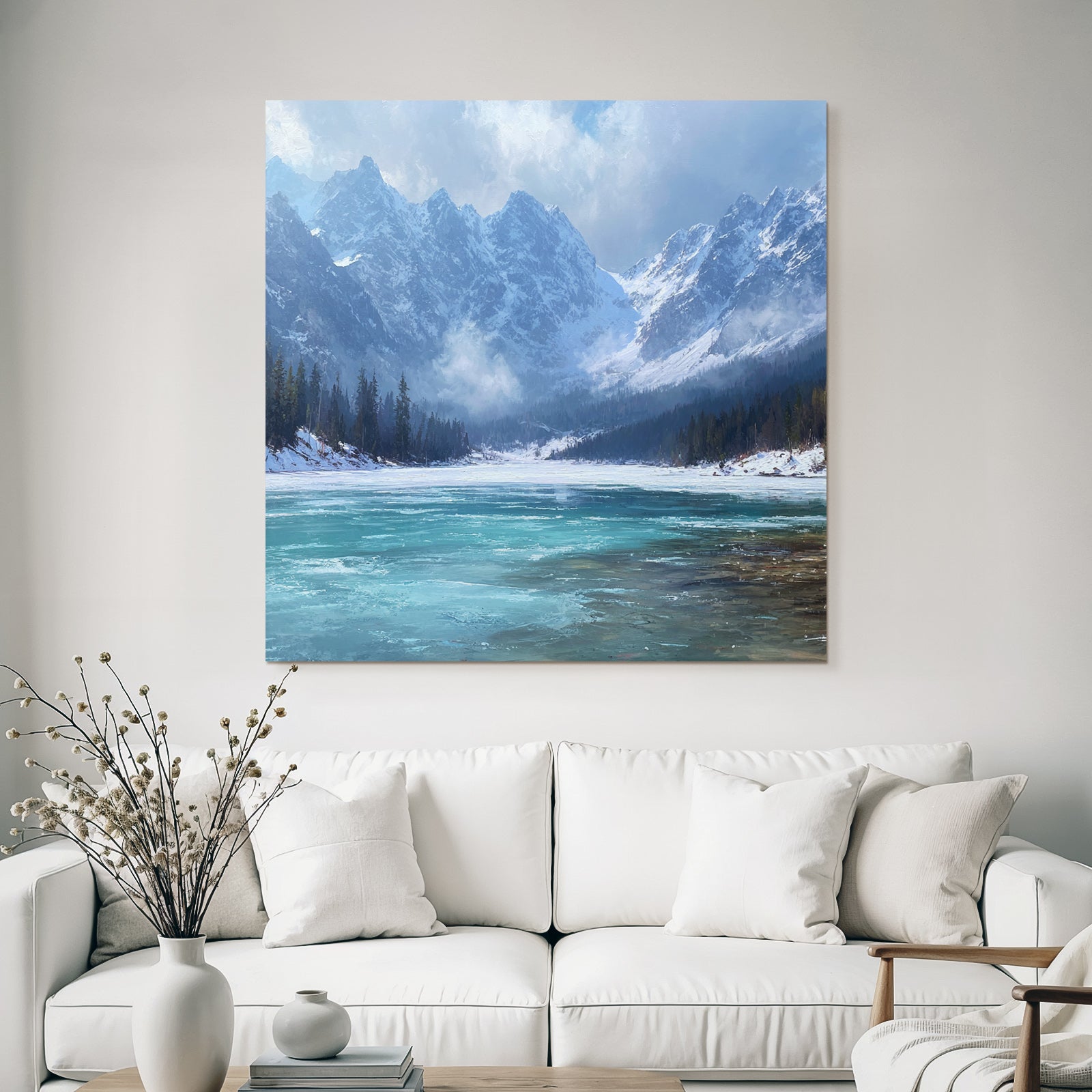 Winter Calm Lake Surrounded by Snow-Capped Mountains and Evergreen Forests