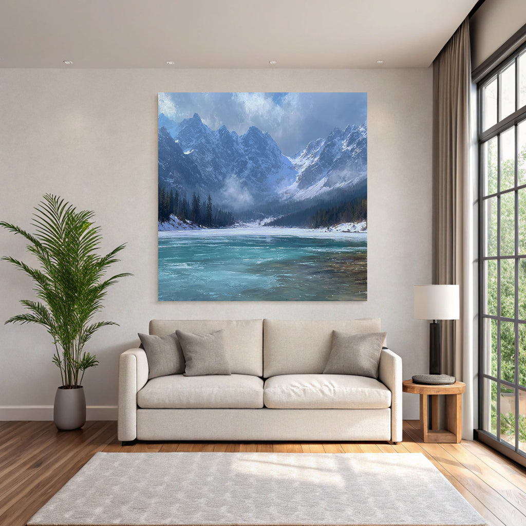 Winter Calm Lake Surrounded by Snow-Capped Mountains and Evergreen Forests