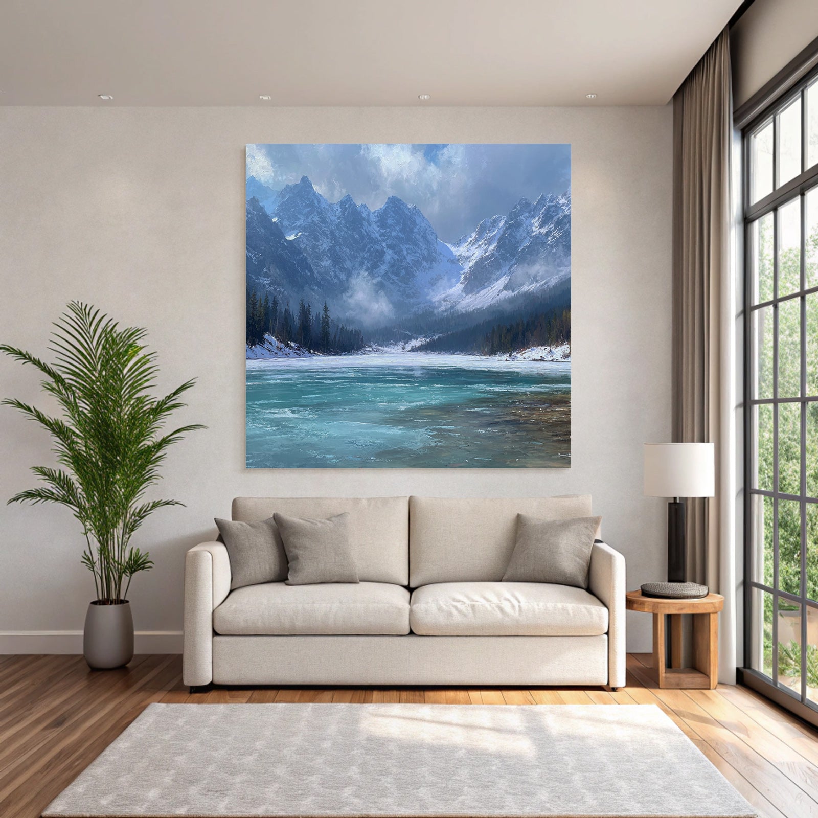 Winter Calm Lake Surrounded by Snow-Capped Mountains and Evergreen Forests