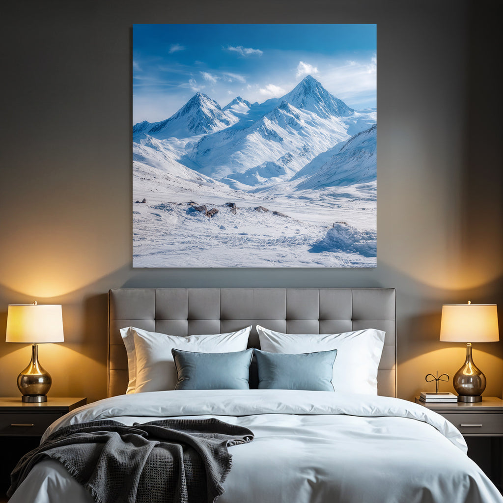 Winter snow-covered mountain landscape with clear blue sky