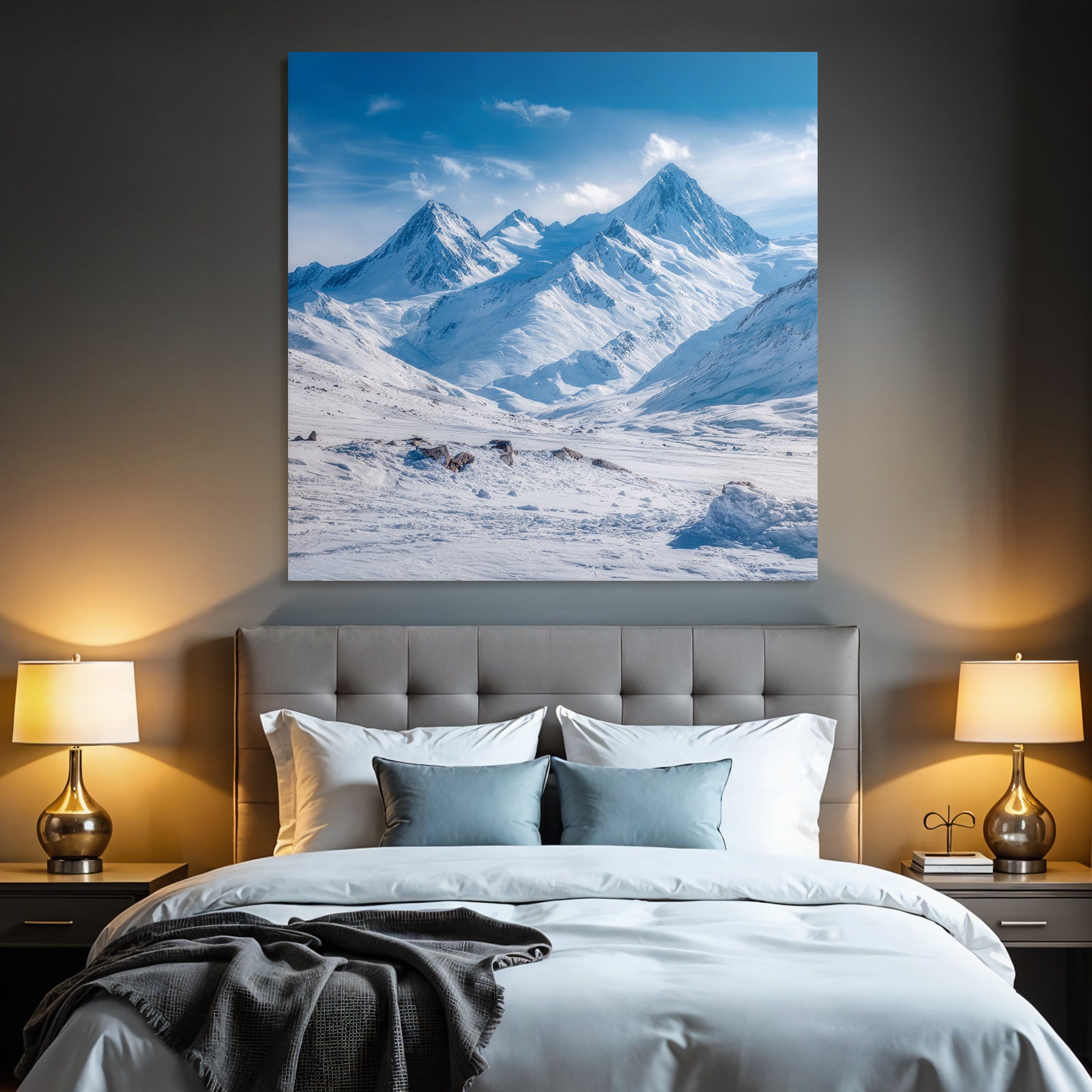 Winter snow-covered mountain landscape with clear blue sky