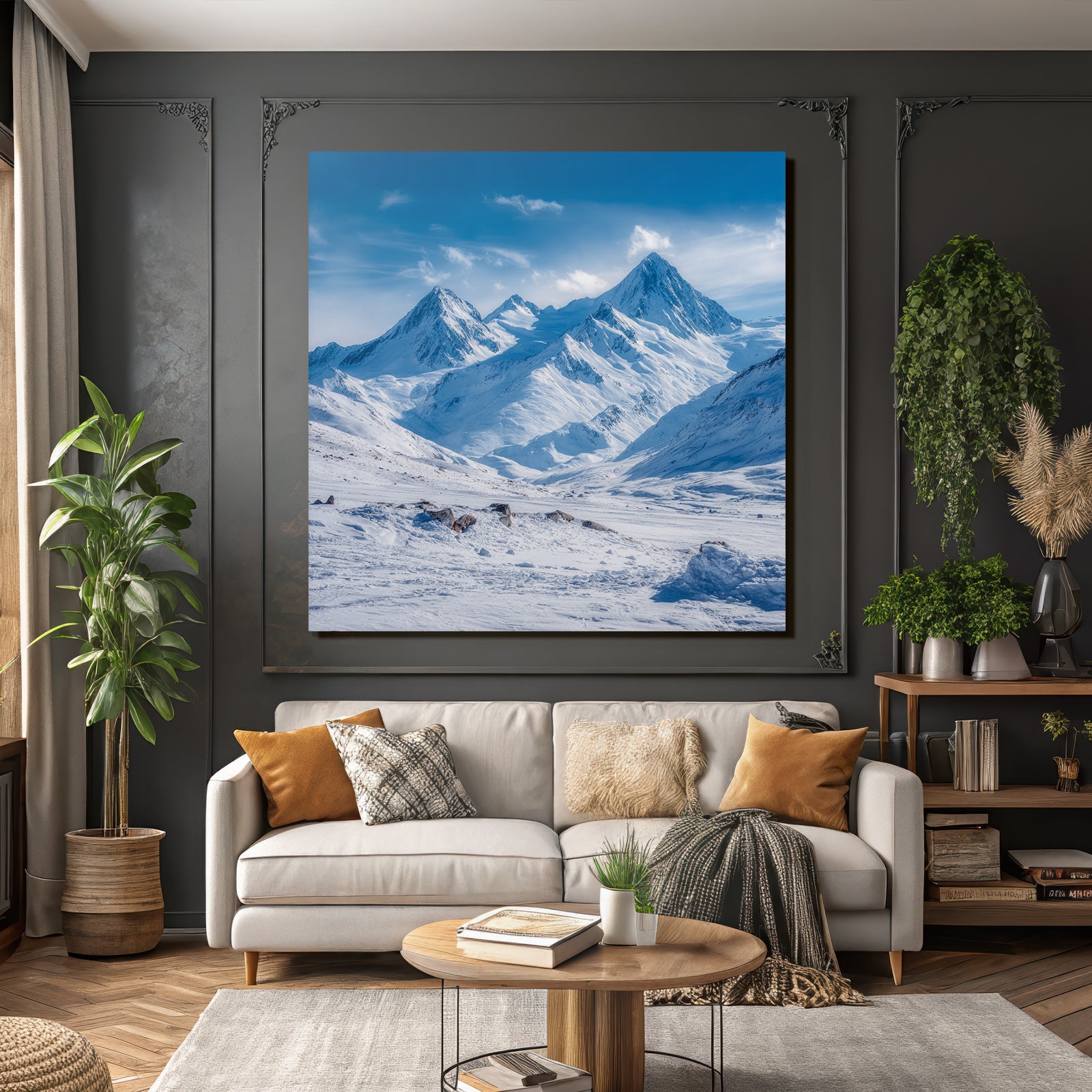 Winter snow-covered mountain landscape with clear blue sky