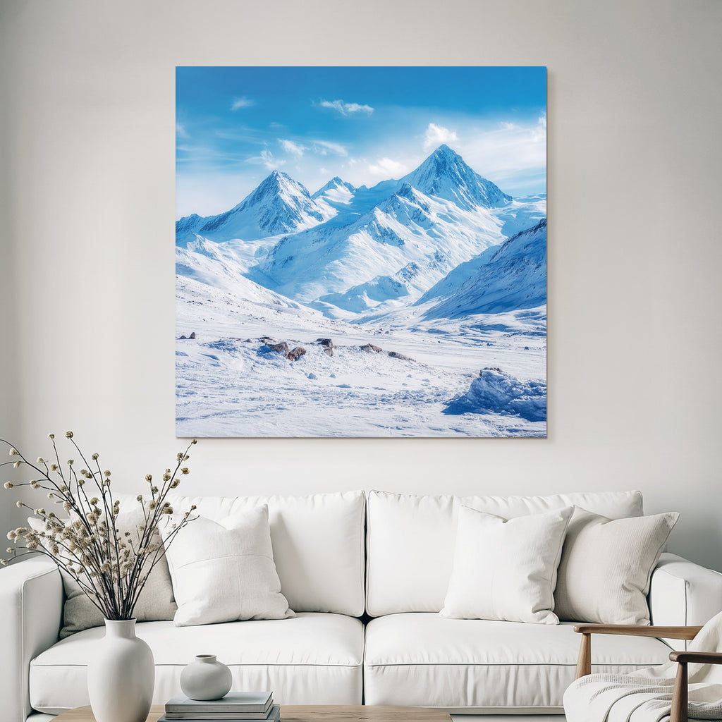 Winter snow-covered mountain landscape with clear blue sky