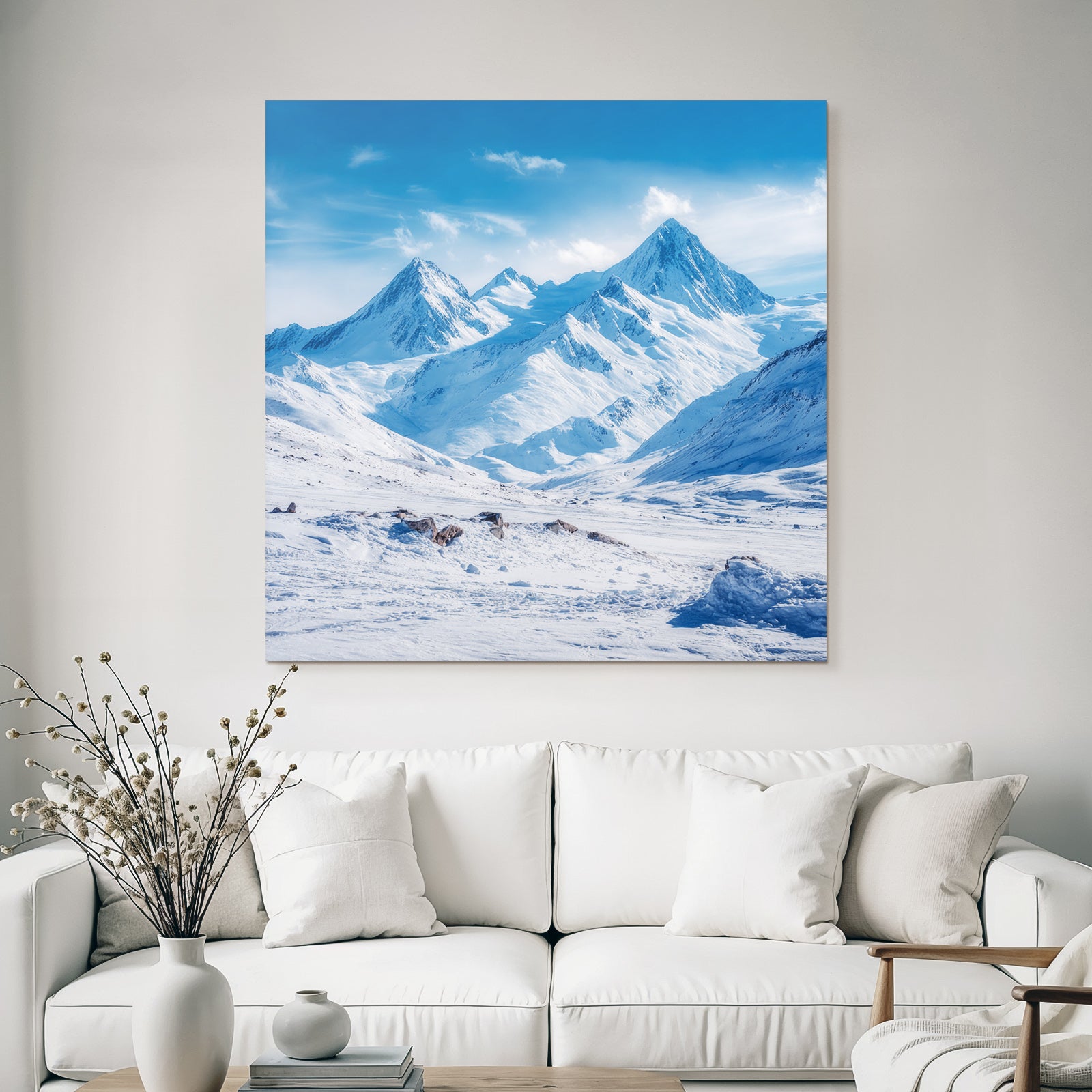 Winter snow-covered mountain landscape with clear blue sky