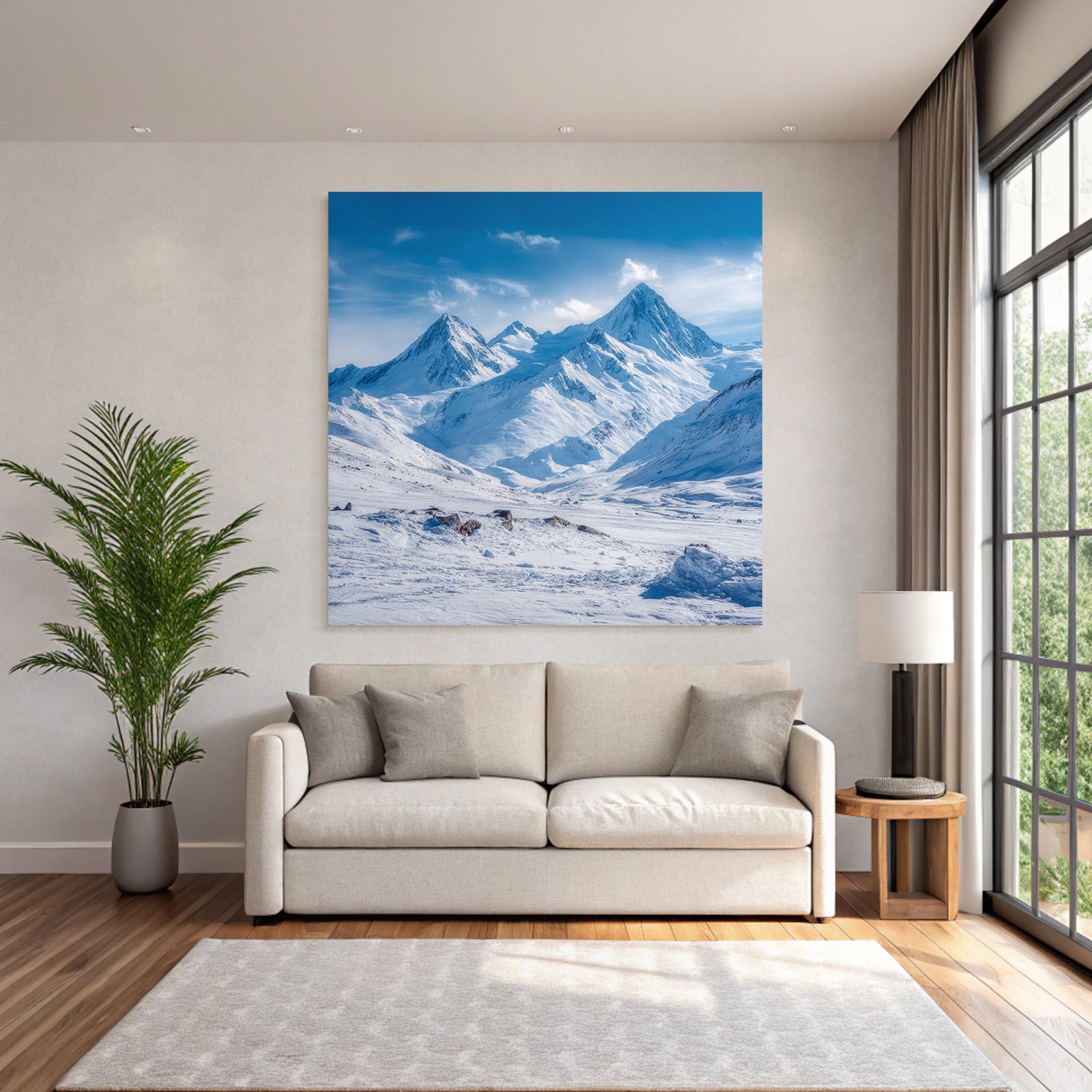 Winter snow-covered mountain landscape with clear blue sky