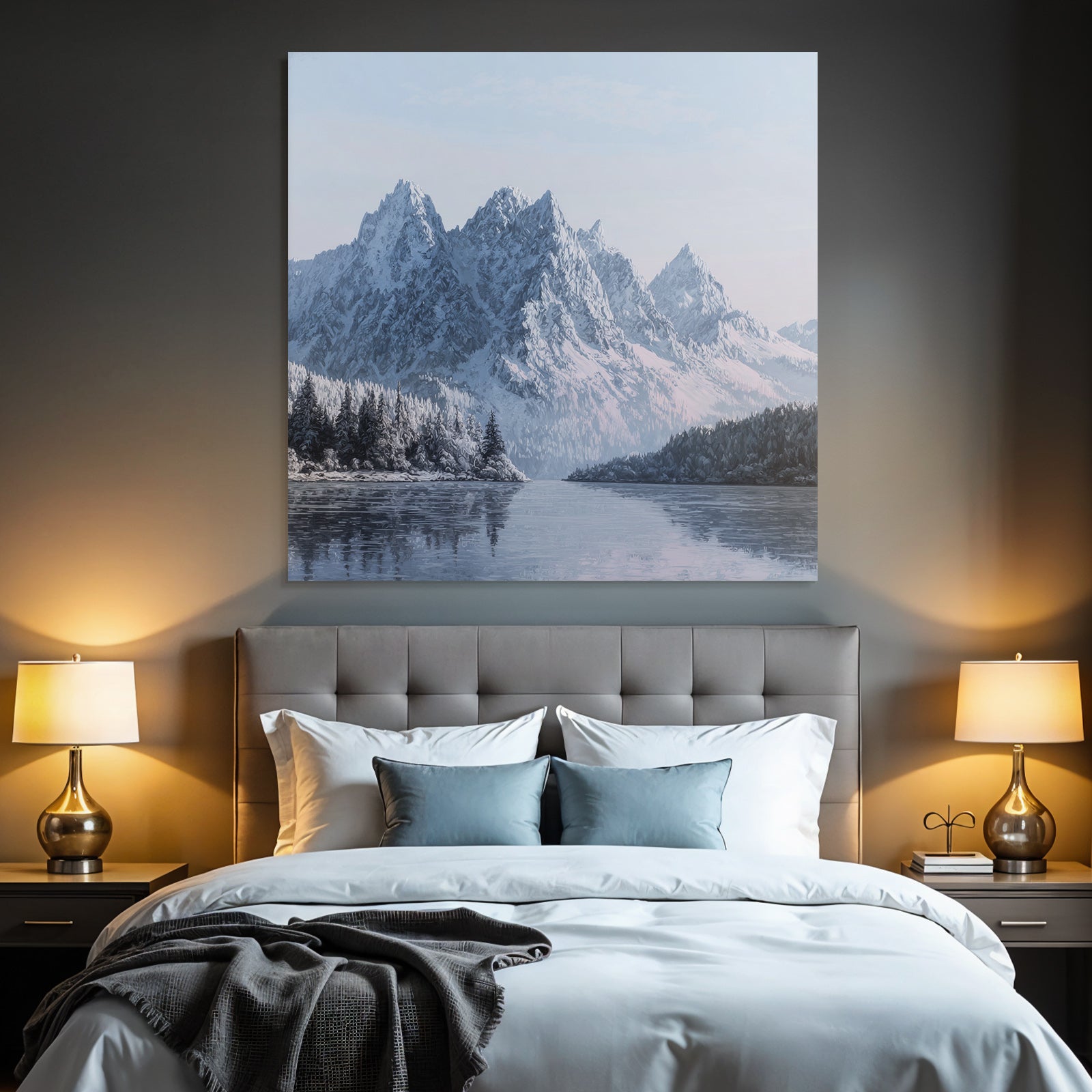 Winter snow-covered mountain landscape with water reflection