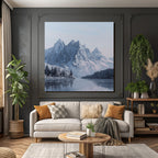 Winter snow-covered mountain landscape with water reflection