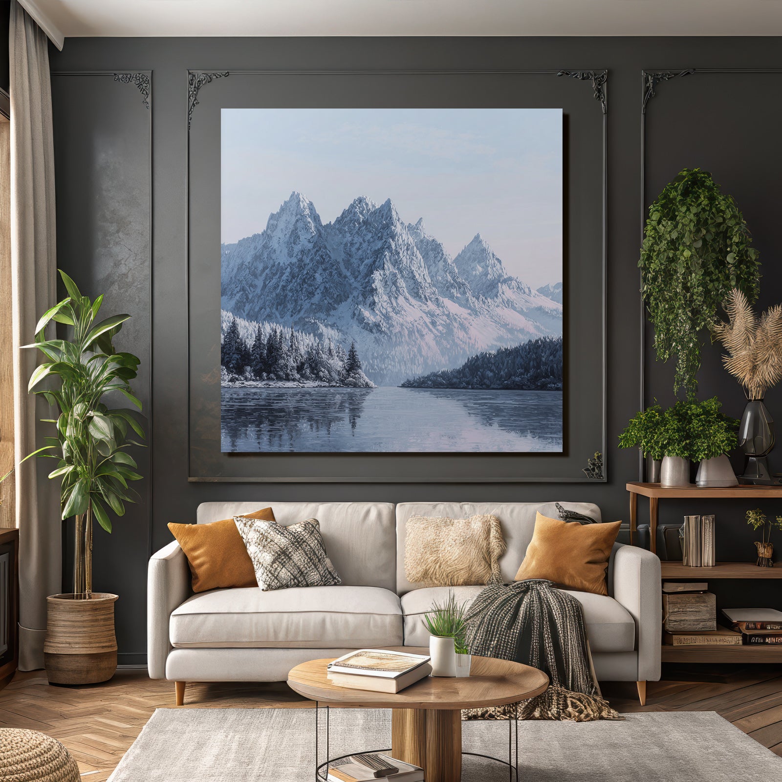 Winter snow-covered mountain landscape with water reflection