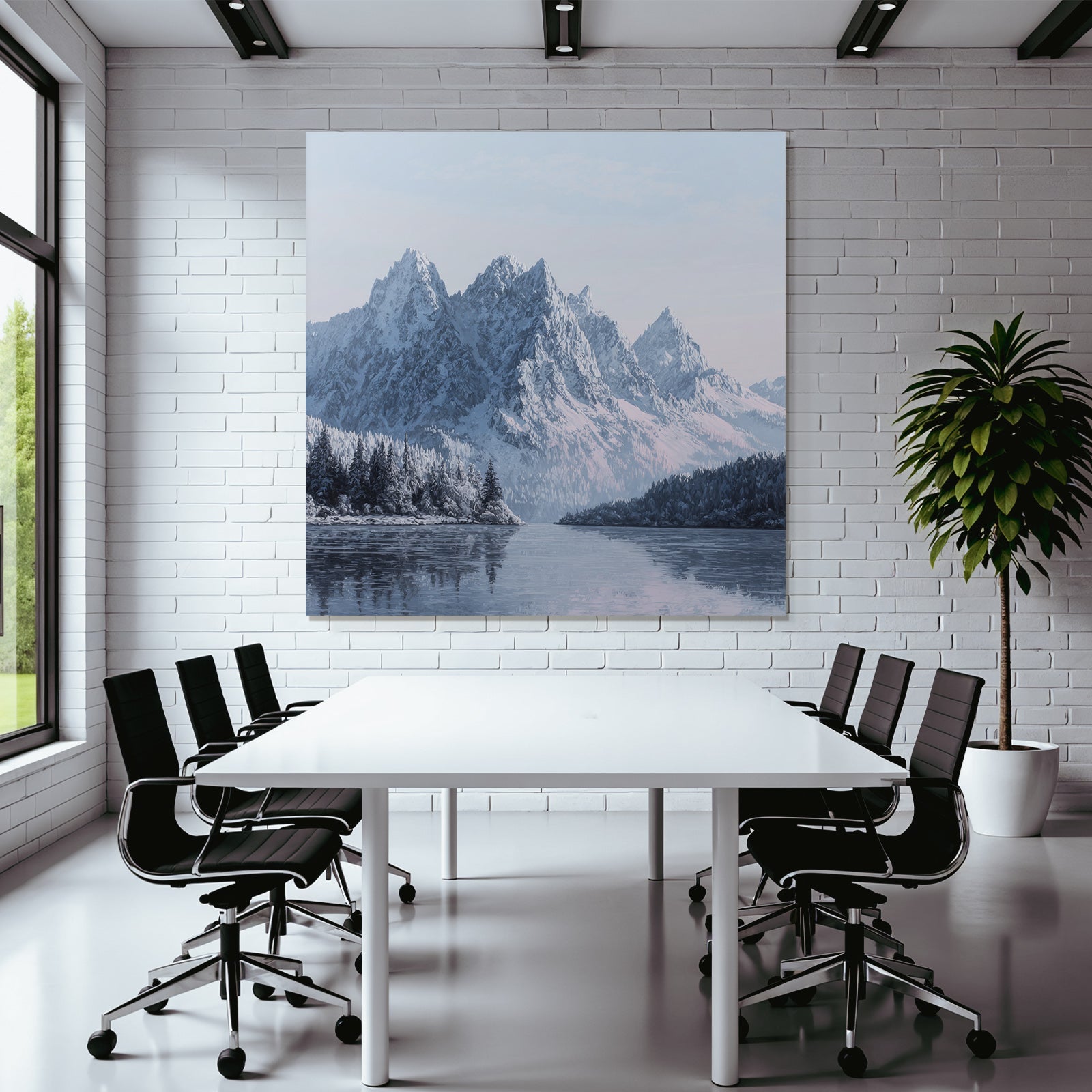 Winter snow-covered mountain landscape with water reflection
