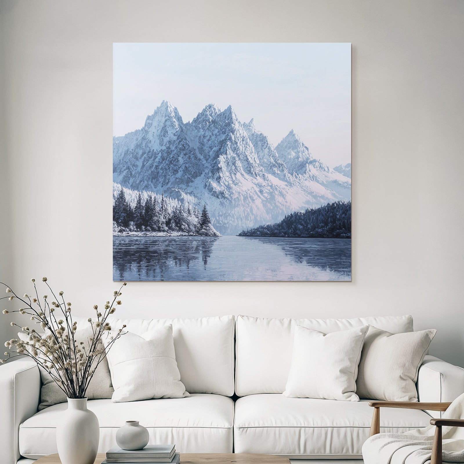 Winter snow-covered mountain landscape with water reflection