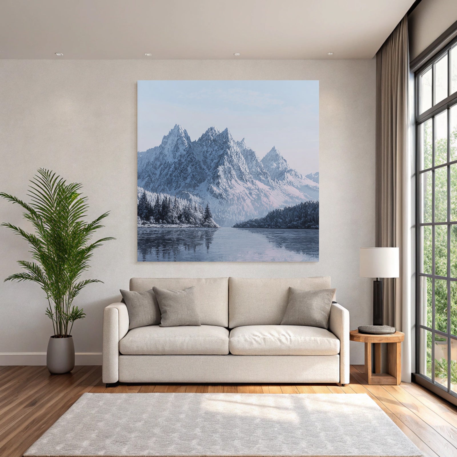 Winter snow-covered mountain landscape with water reflection