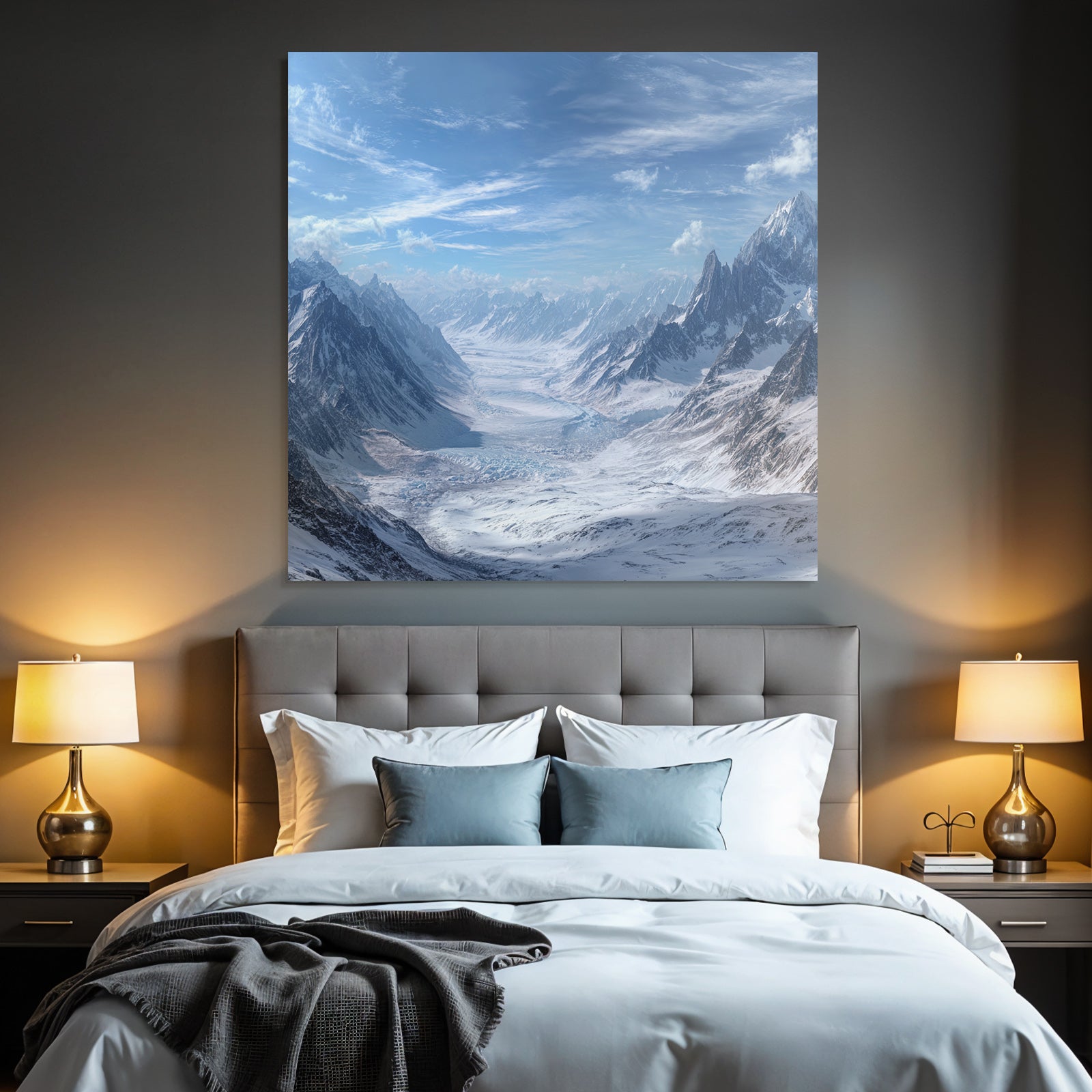 Winter snow-covered mountain landscape and glacier with blue sky