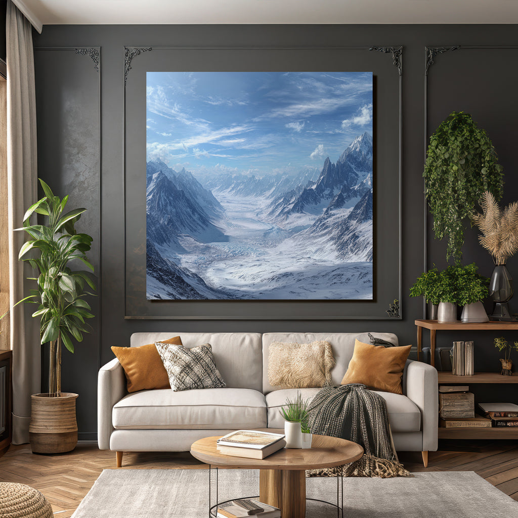 Winter snow-covered mountain landscape and glacier with blue sky