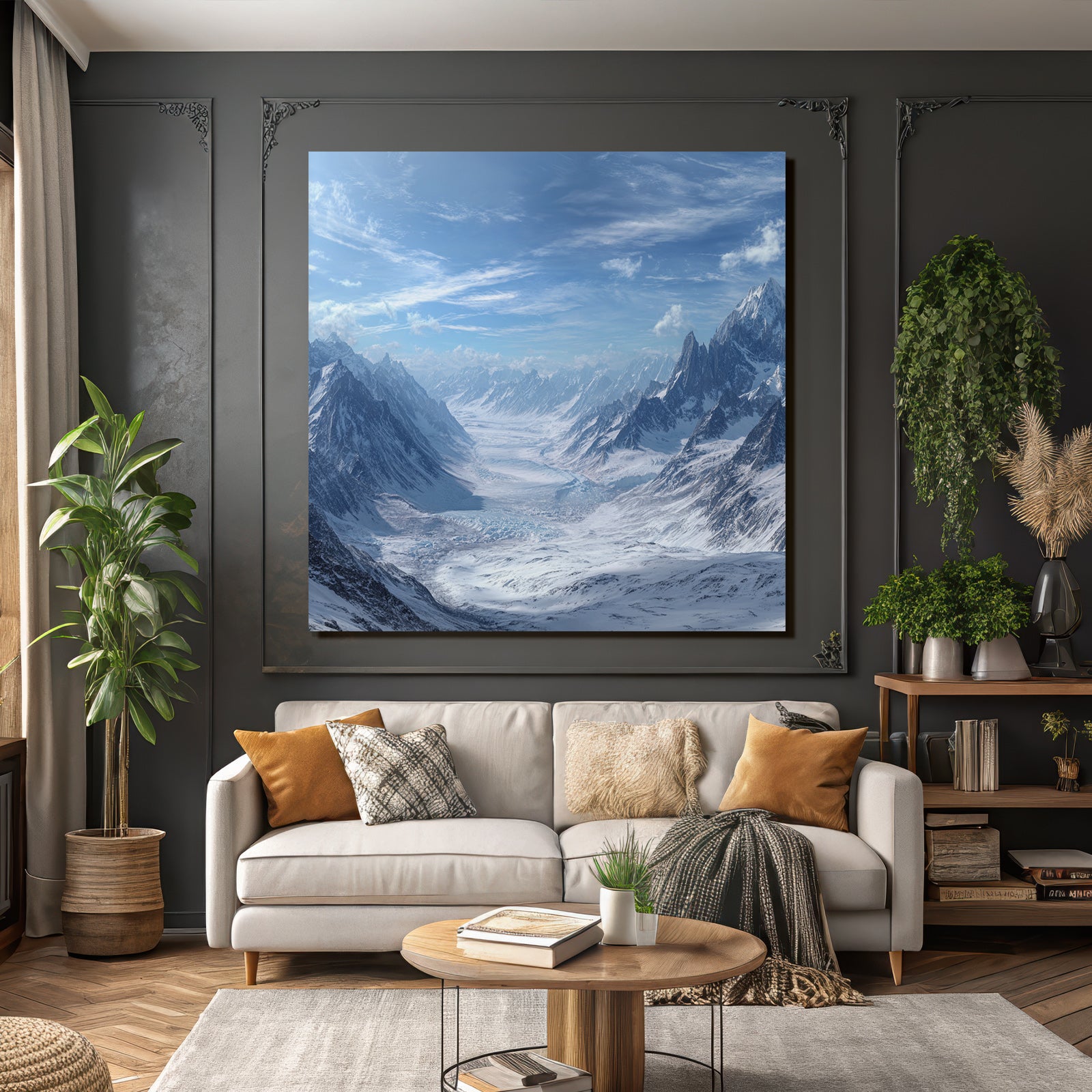 Winter snow-covered mountain landscape and glacier with blue sky