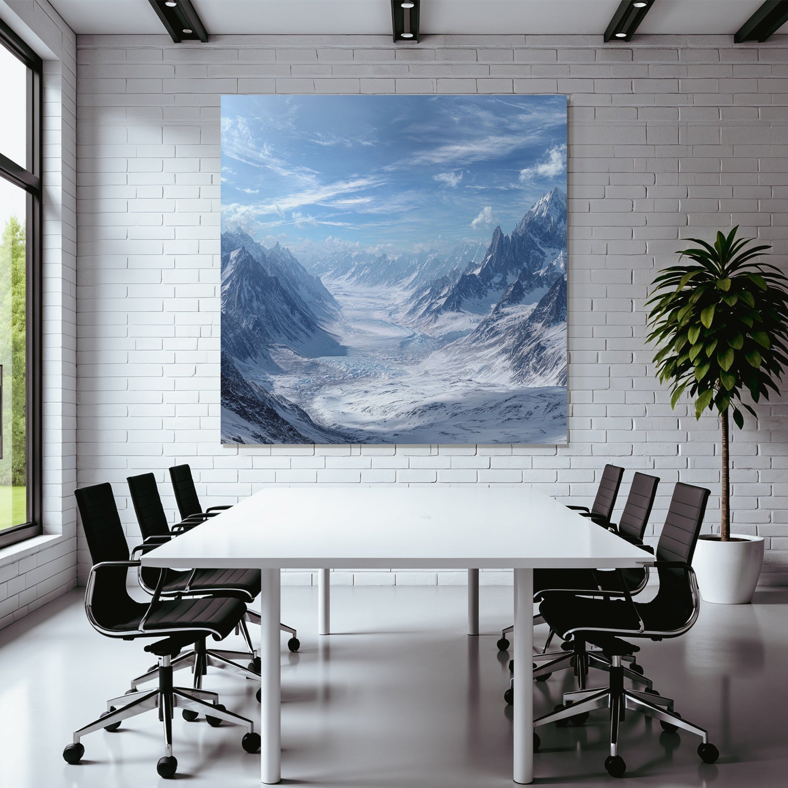 Winter snow-covered mountain landscape and glacier with blue sky
