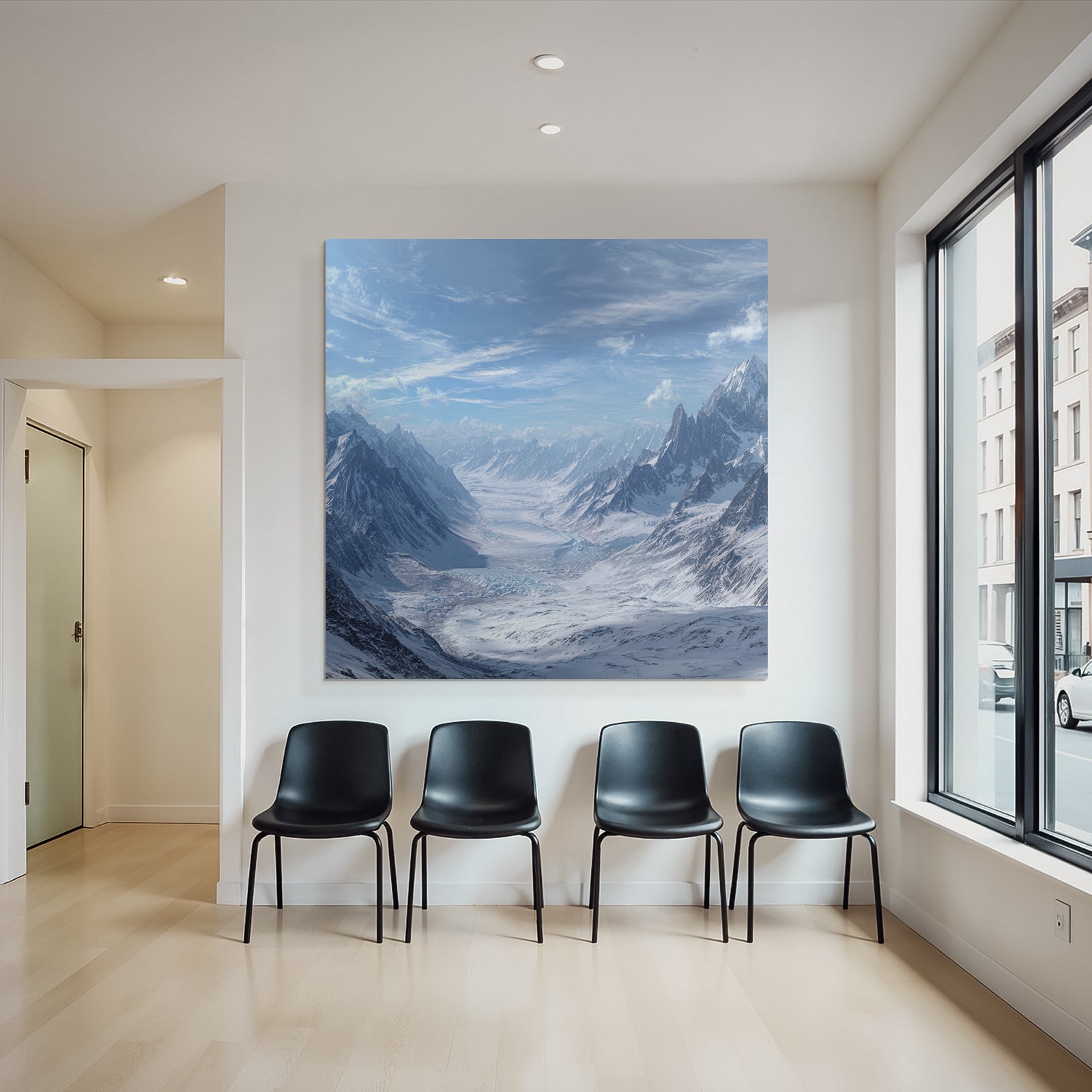 Winter snow-covered mountain landscape and glacier with blue sky