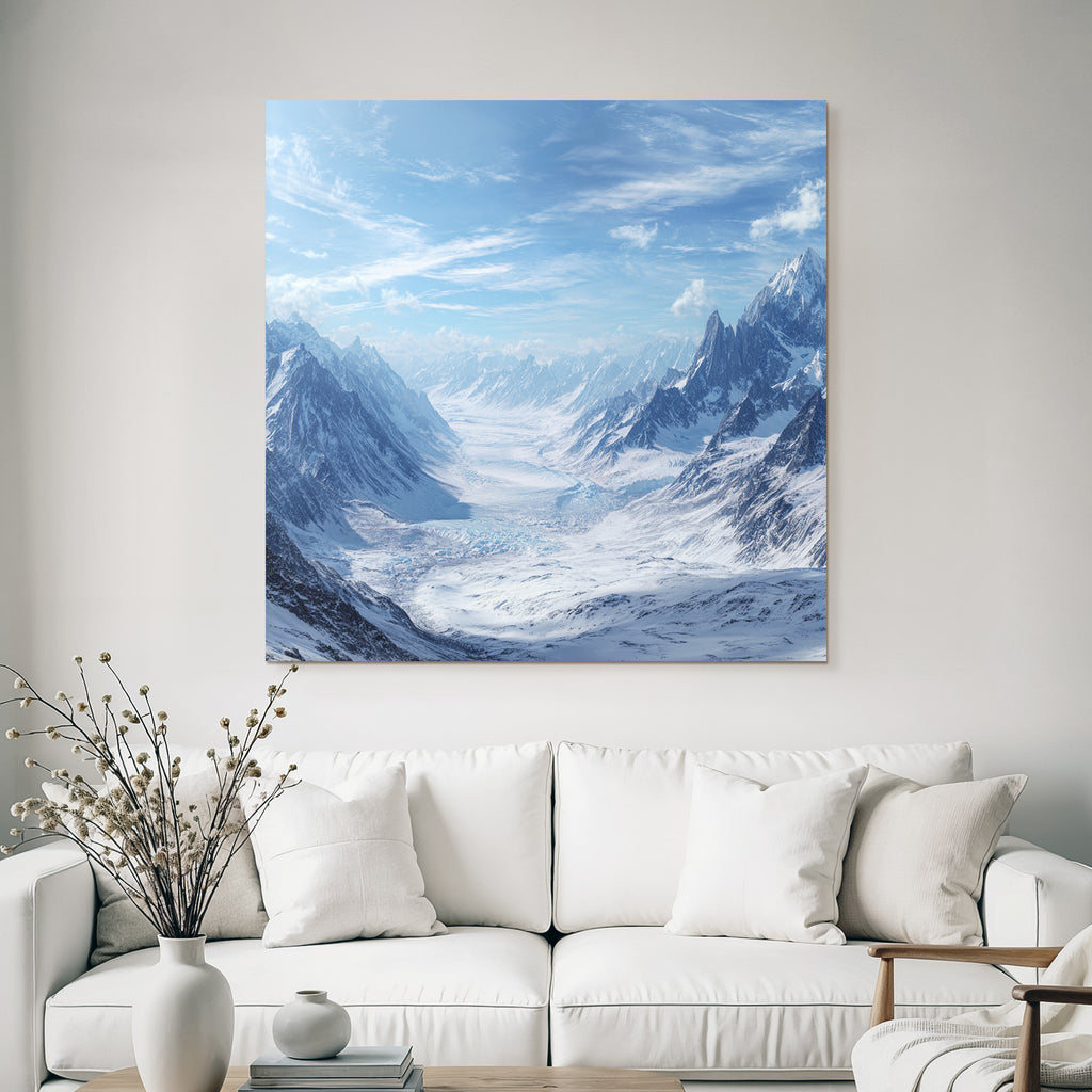 Winter snow-covered mountain landscape and glacier with blue sky