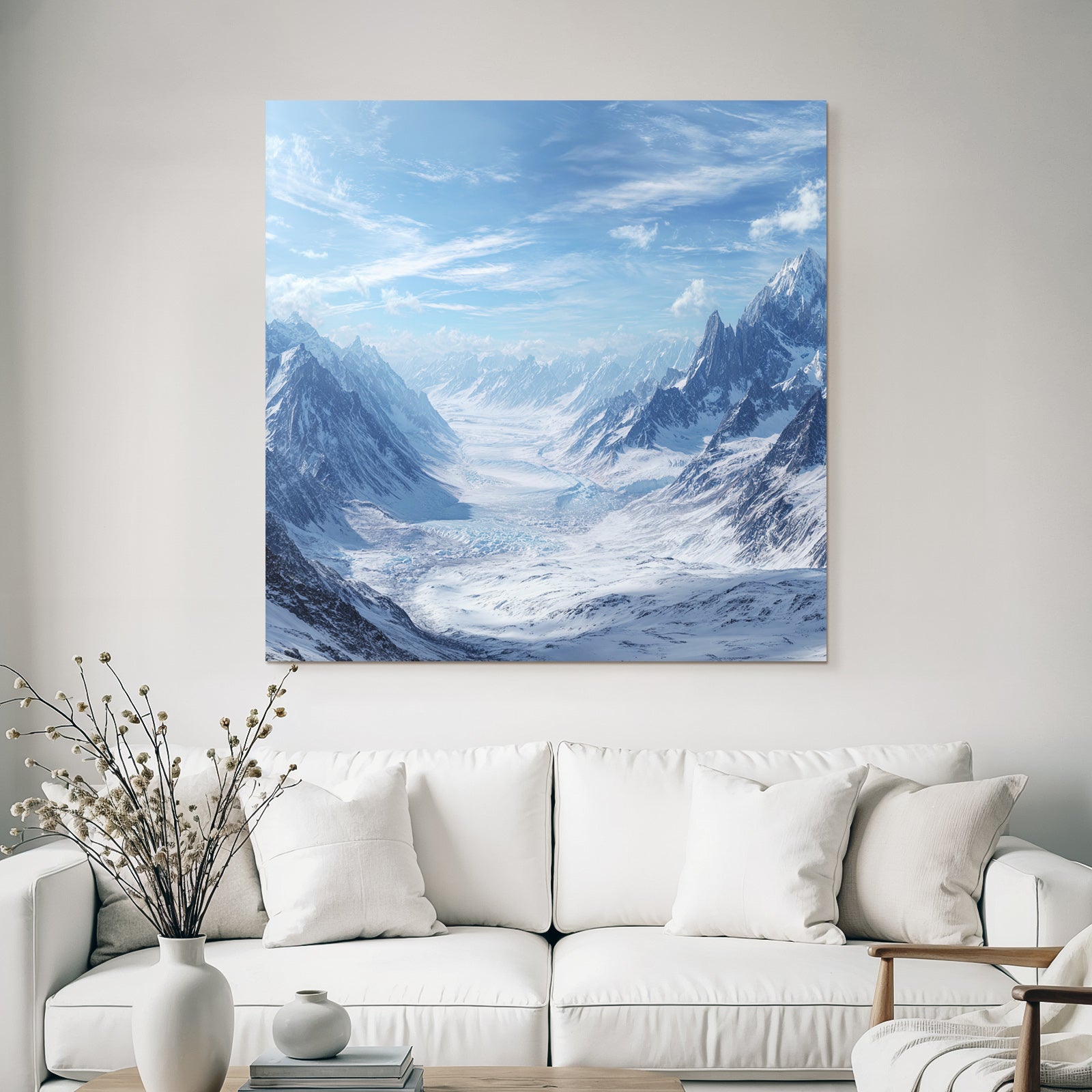 Winter snow-covered mountain landscape and glacier with blue sky