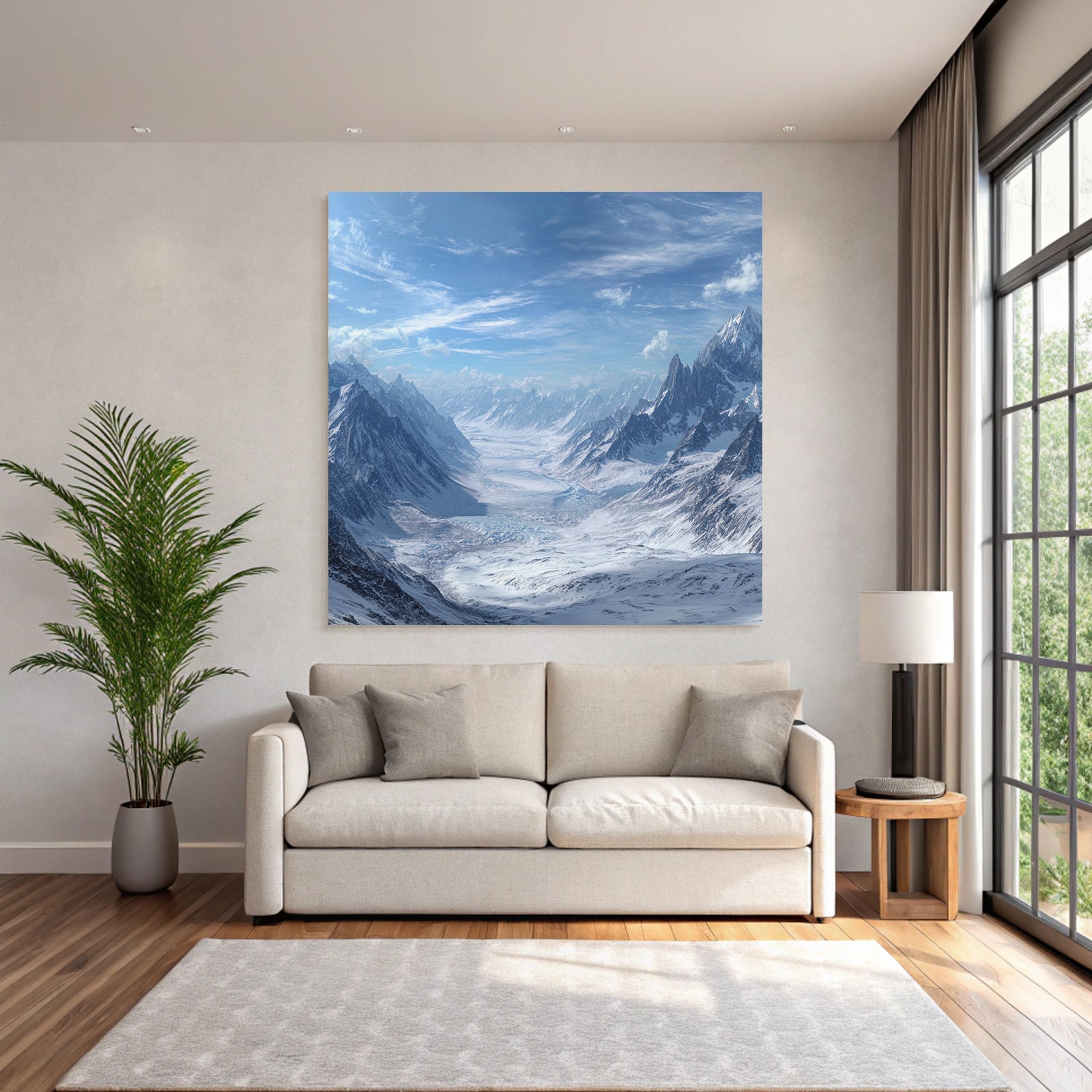 Winter snow-covered mountain landscape and glacier with blue sky