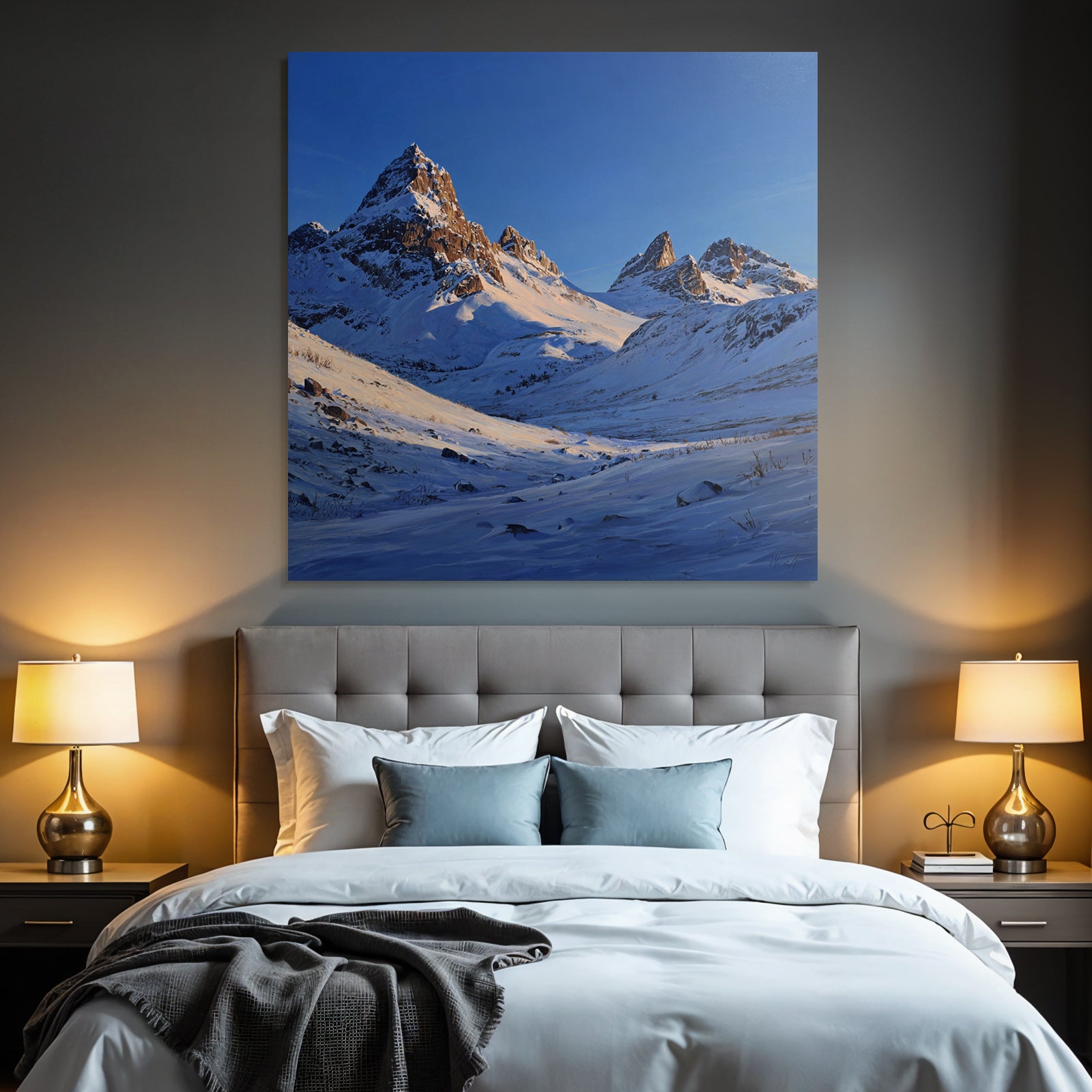 Winter snow-covered mountain landscape under a clear blue sky