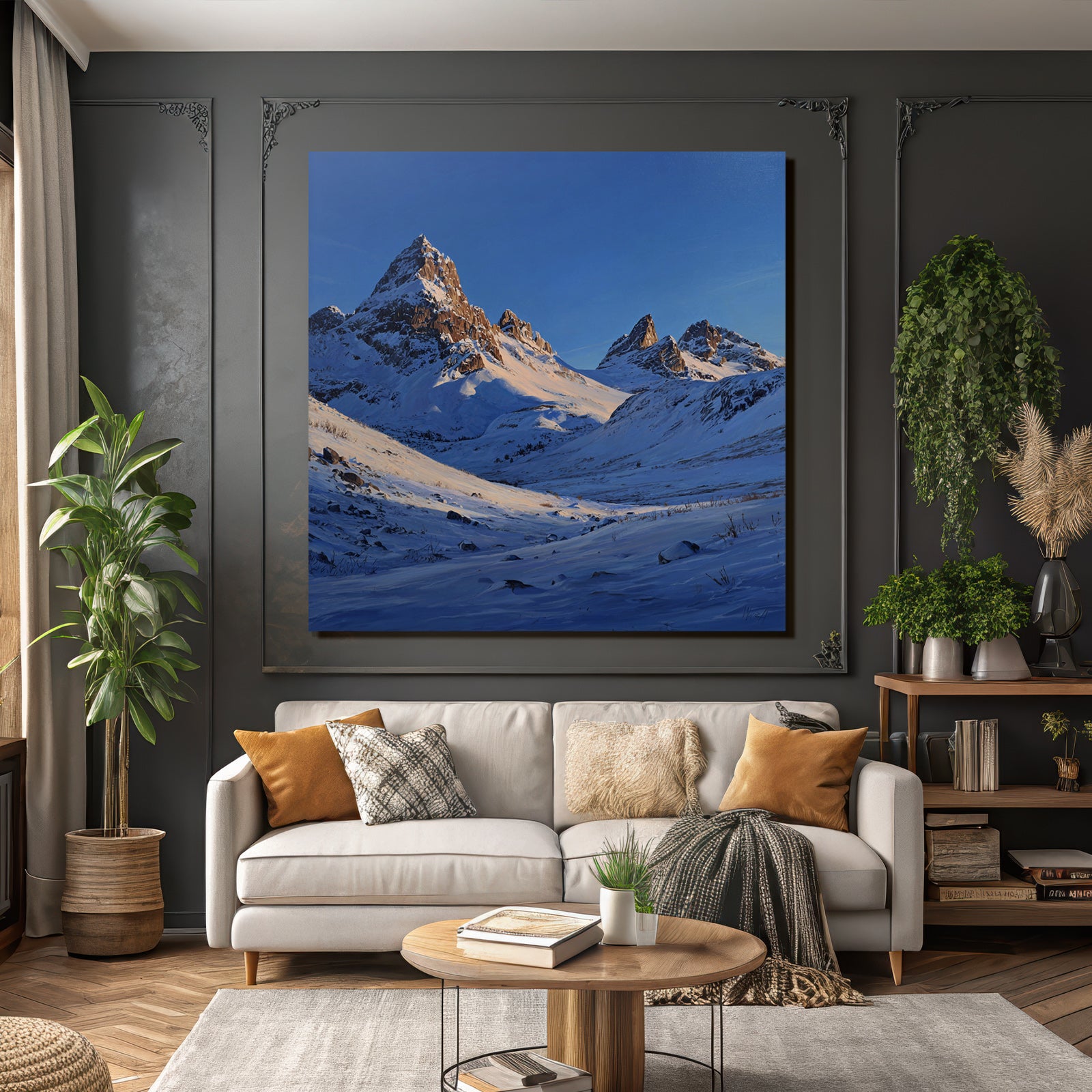 Winter snow-covered mountain landscape under a clear blue sky
