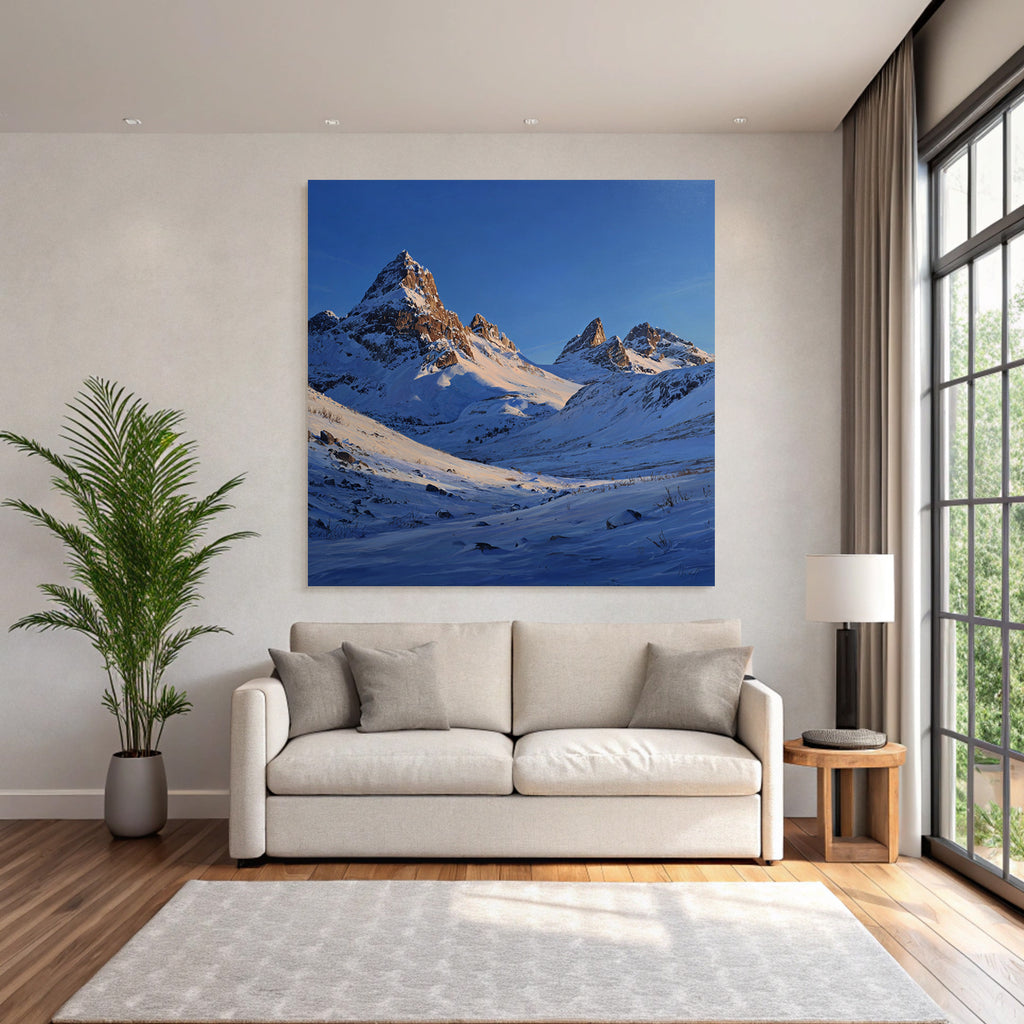 Winter snow-covered mountain landscape under a clear blue sky