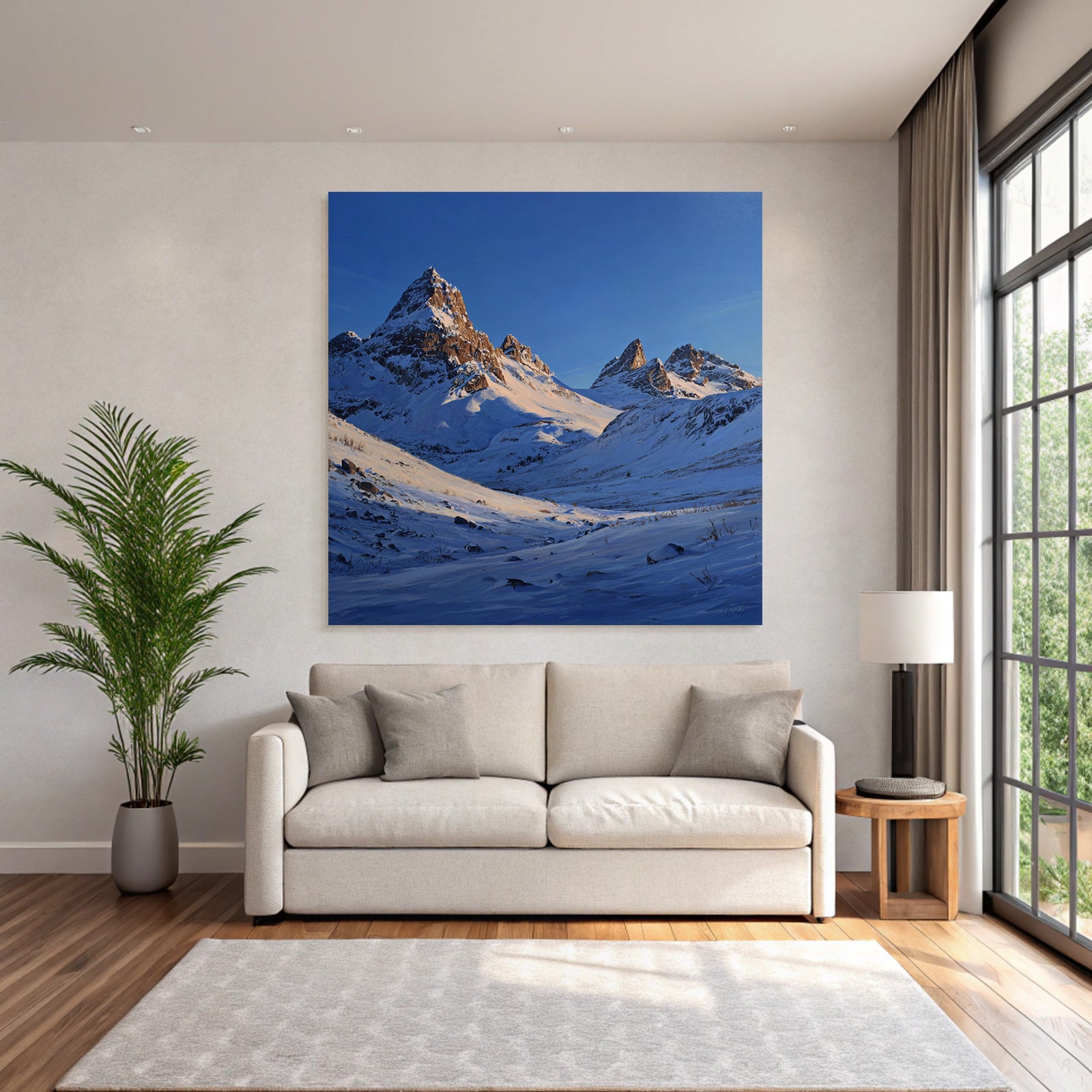 Winter snow-covered mountain landscape under a clear blue sky