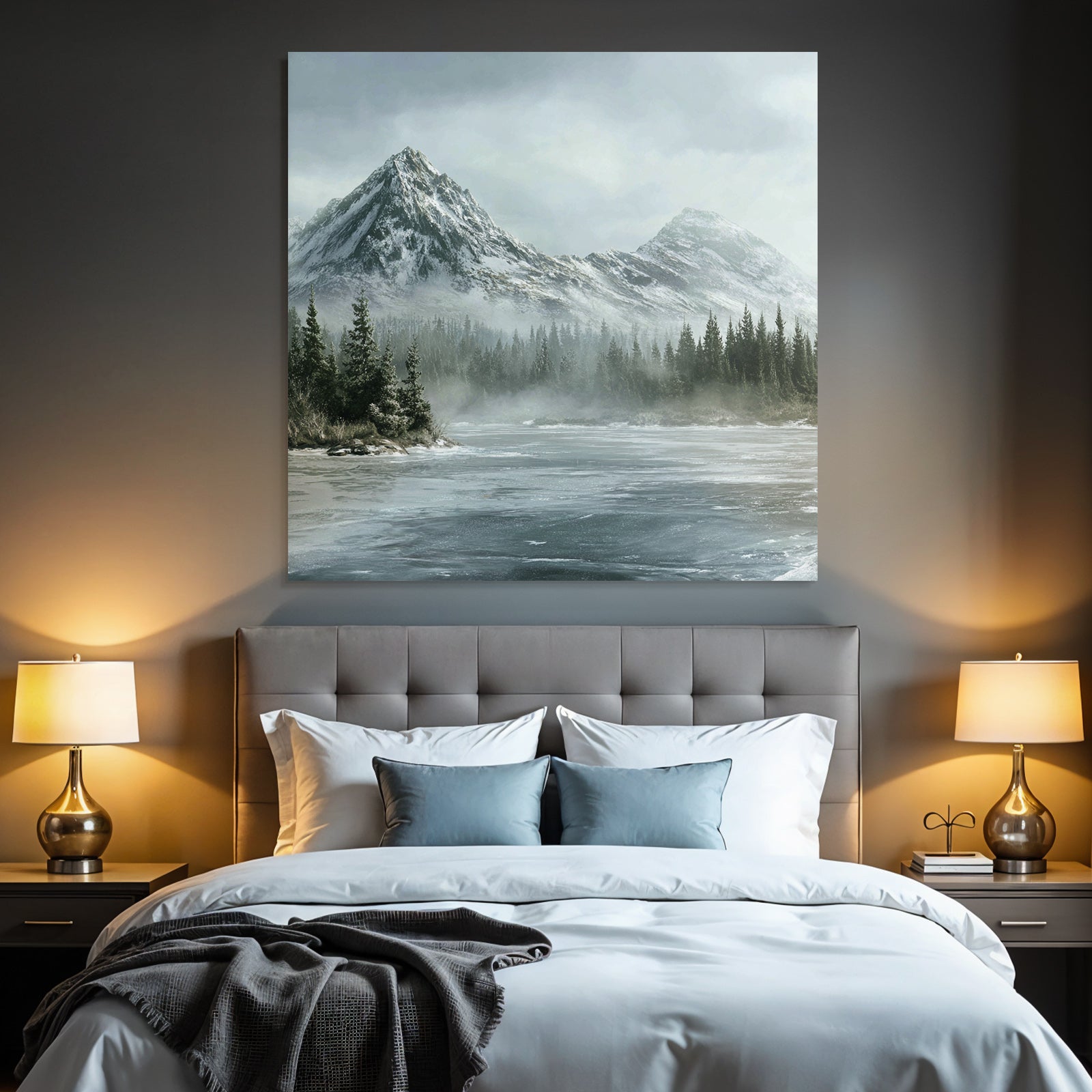 Winter Serene Winter Landscape With Snow-Capped Mountains And Frosty Water
