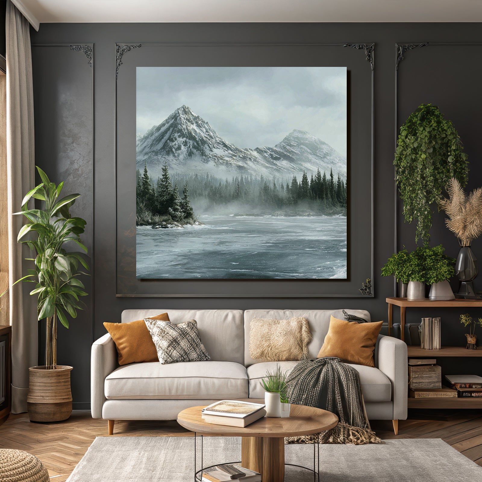 Winter Serene Winter Landscape With Snow-Capped Mountains And Frosty Water